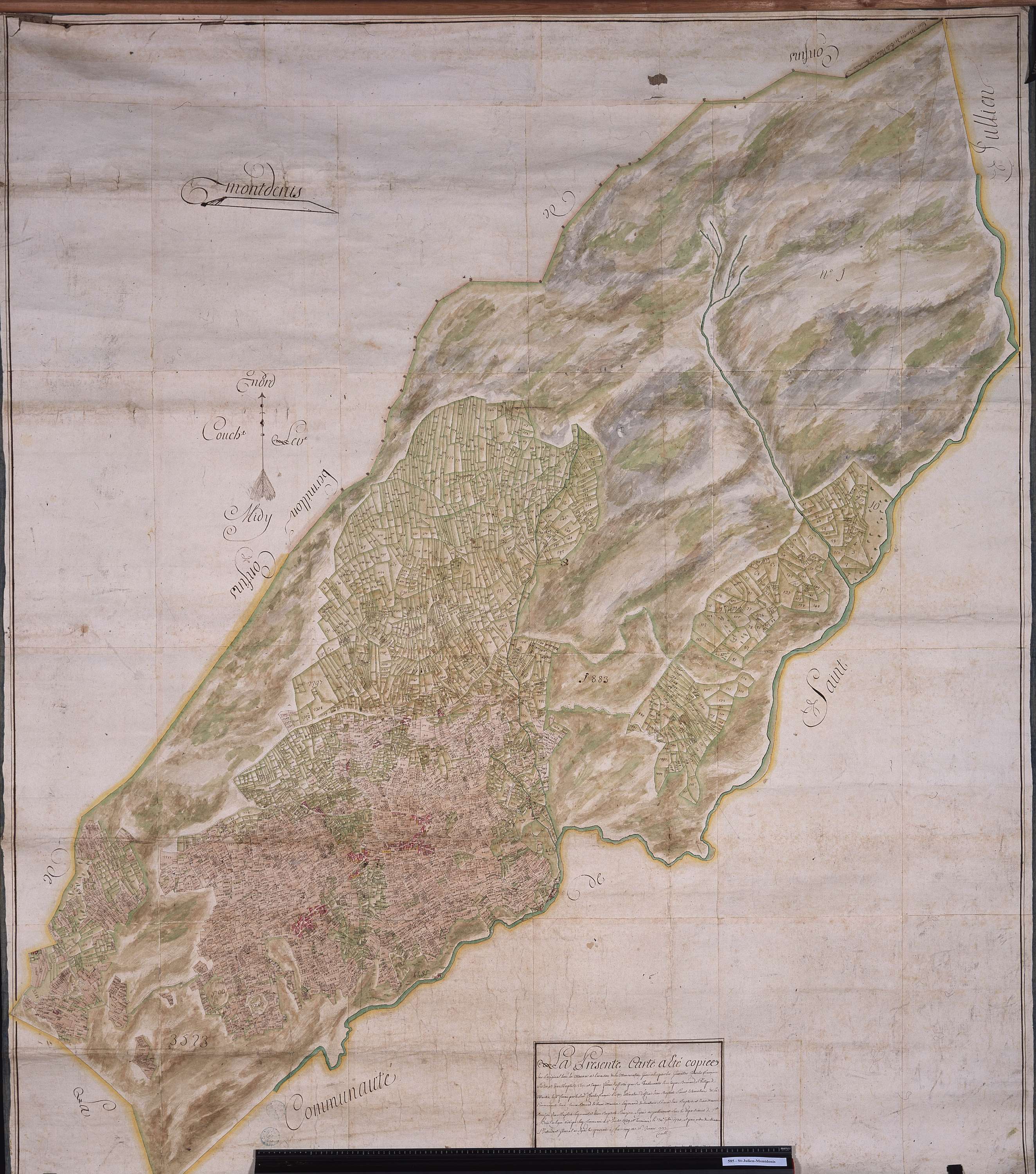 Saint-Julien-Mont-Denis - Copie de la mappe originale (plan cadastral) de la commune de Montdenis. Signée Cocelli, directeur de la péréquation générale.