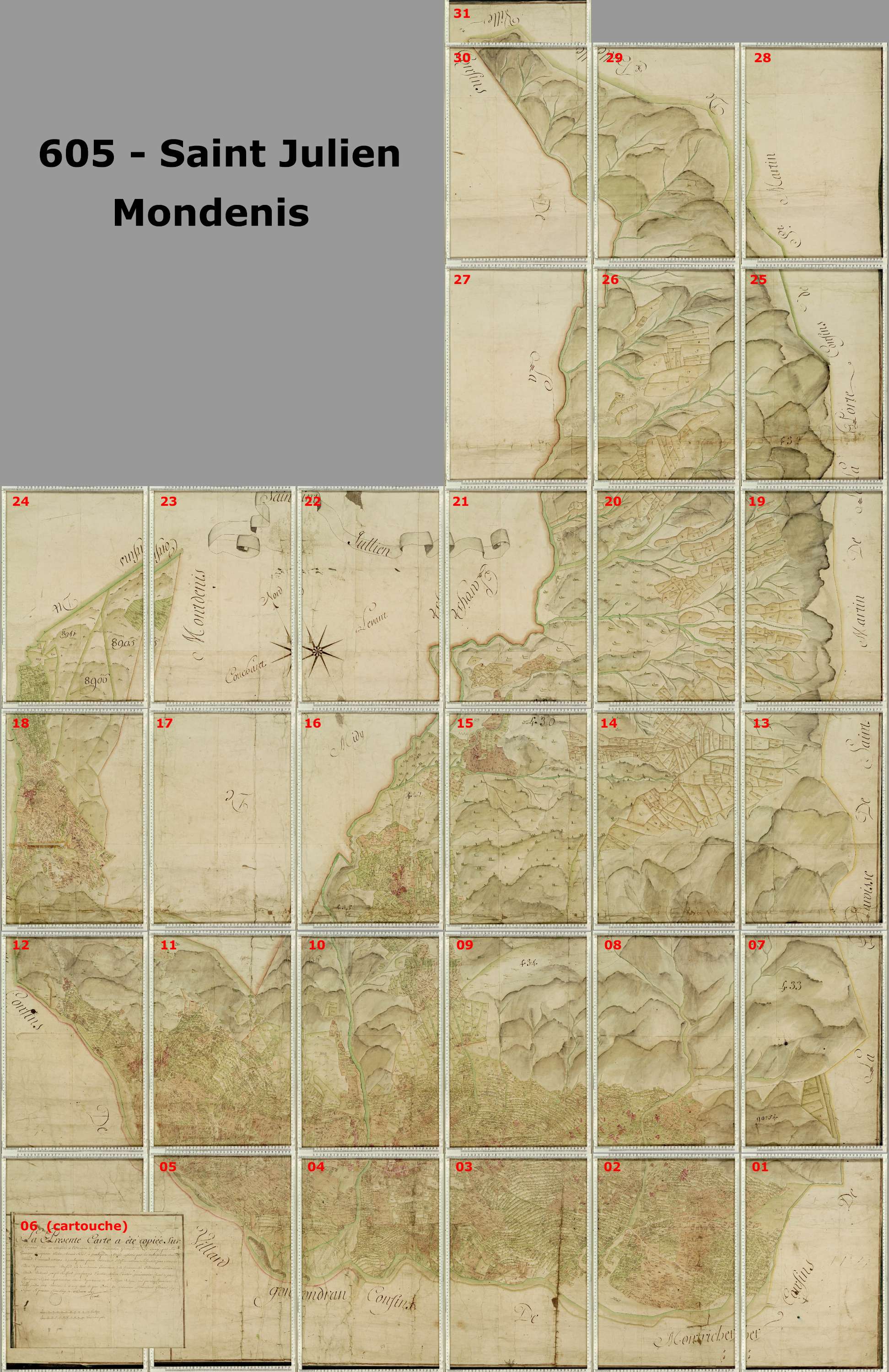 Saint-Julien-Mont-Denis - Copie de la mappe originale (plan cadastral) de la commune de Saint-Julien. Signée Cocelli, directeur de la péréquation générale.