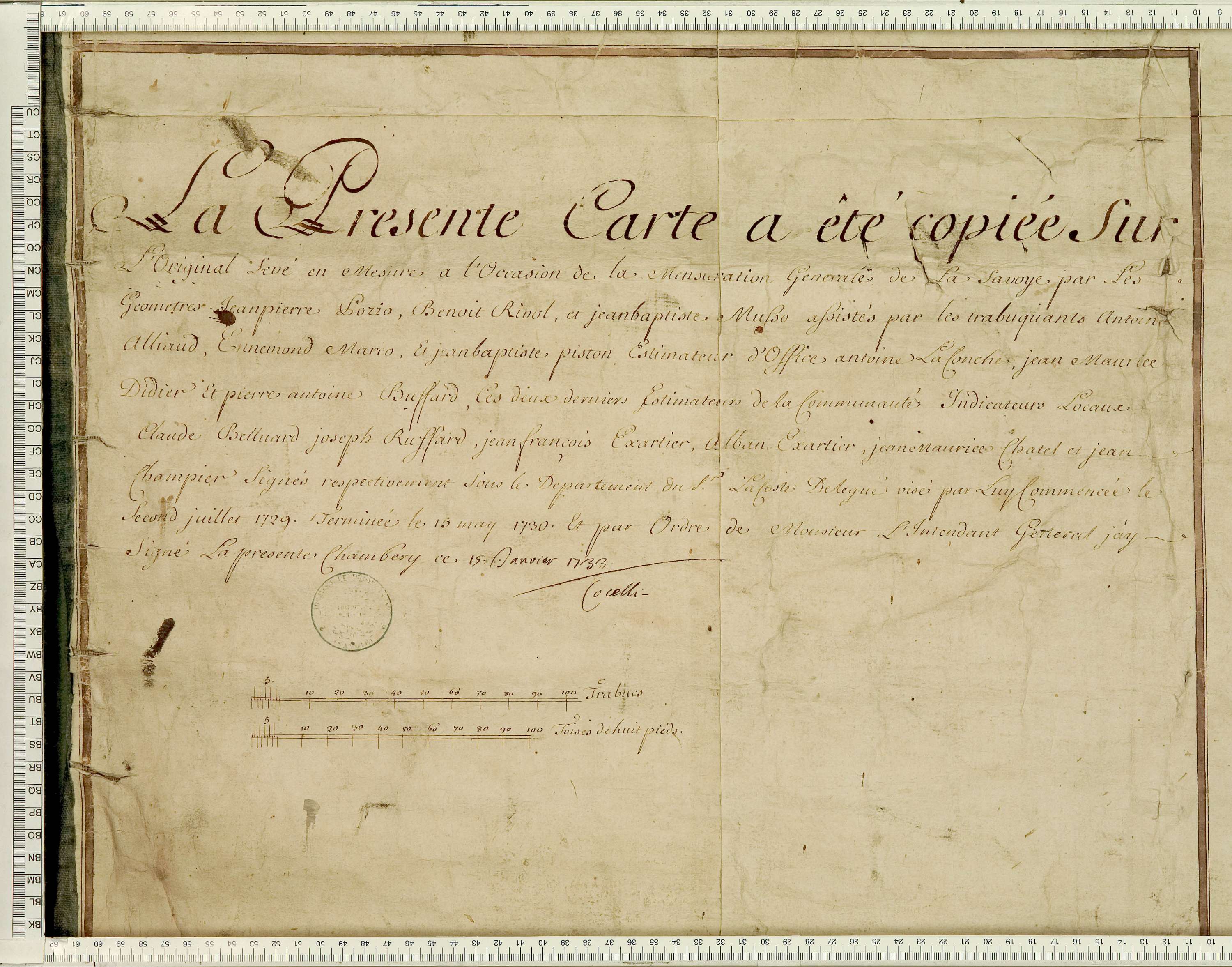 Saint-Julien-Mont-Denis - Copie de la mappe originale (plan cadastral) de la commune de Saint-Julien. Signée Cocelli, directeur de la péréquation générale.
