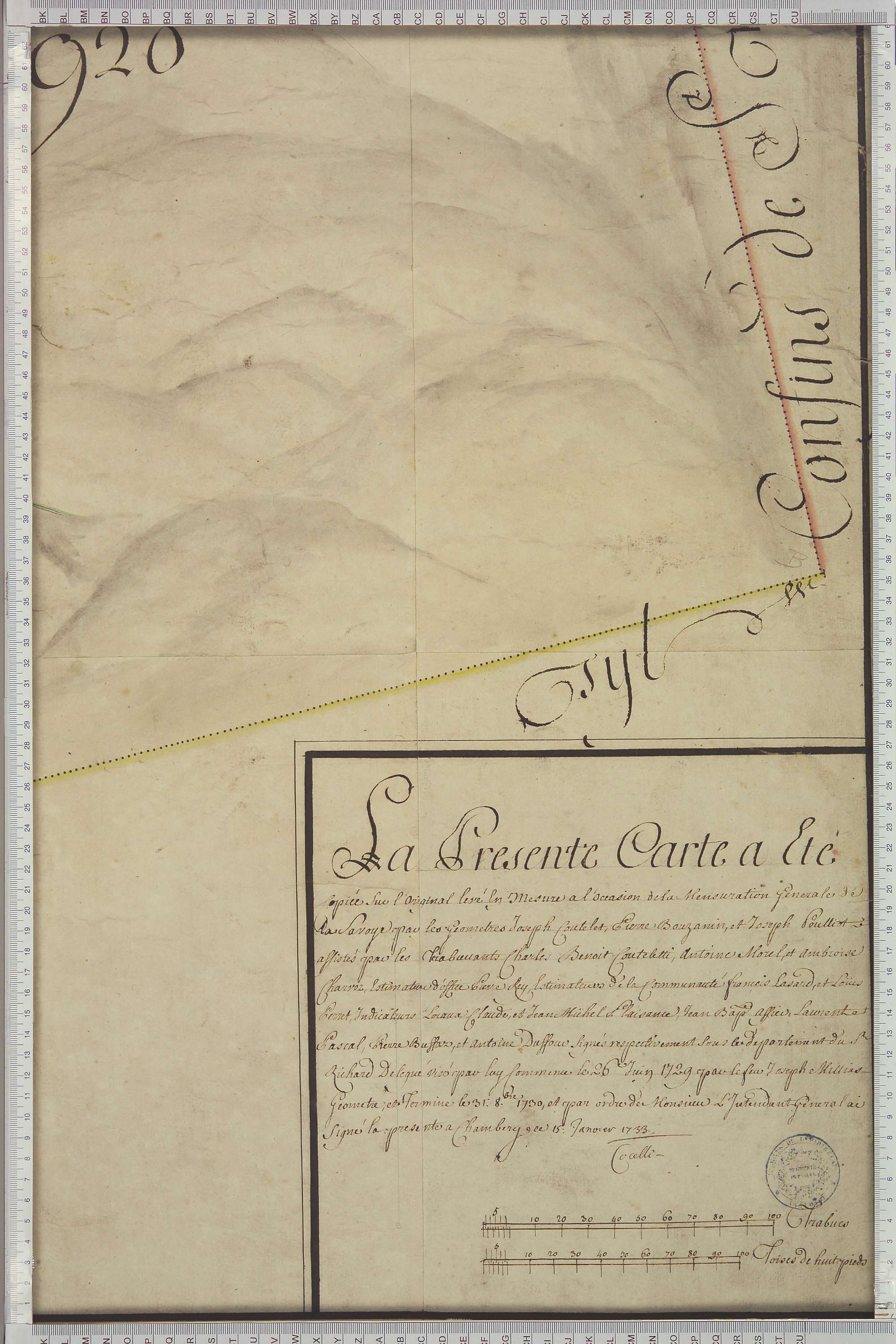 Saint-Michel-de-Maurienne - Copie de la mappe originale (plan cadastral) de la commune de Beaune. Signée Cocelli, directeur du bureau de la péréquation.
