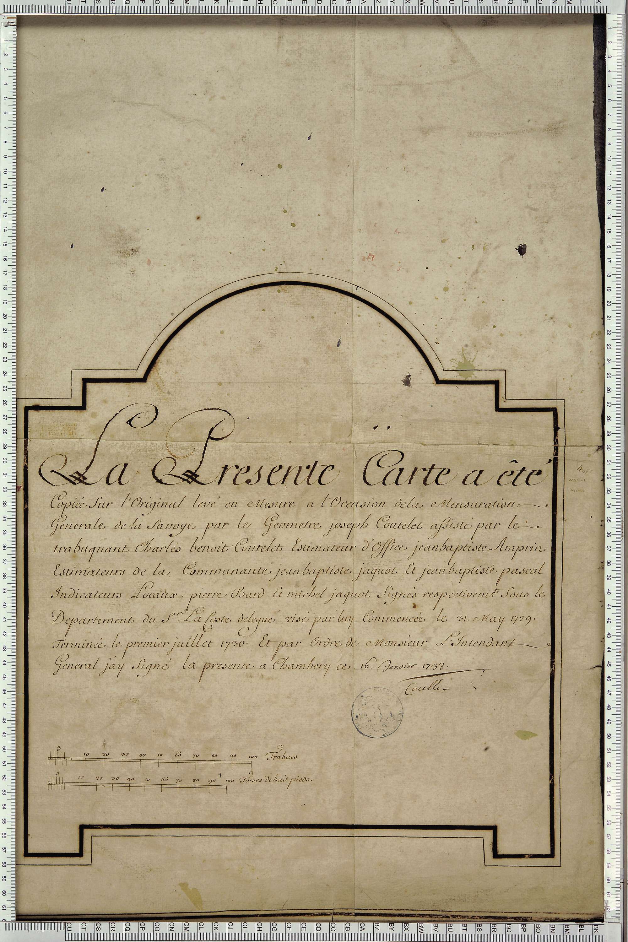Saint-Michel-de-Maurienne - Copie de la mappe originale (plan cadastral) de la commune du Thyl. Signée Cocelli, directeur de la péréquation.