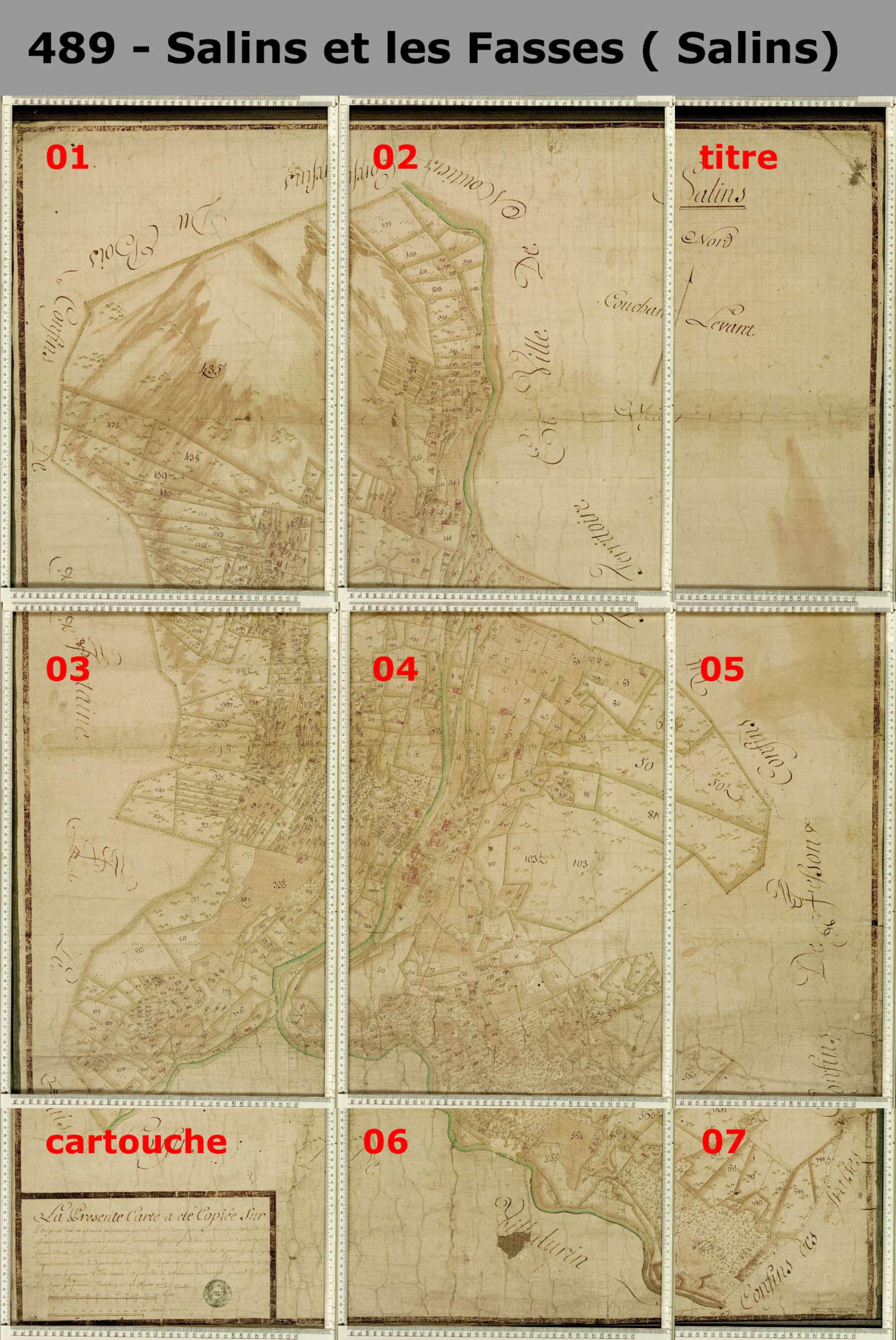 Salins-les-Thermes - Copie de la mappe originale (plan cadastral) de la commune de Salins. Signée Cocelli, directeur de la péréquation générale.