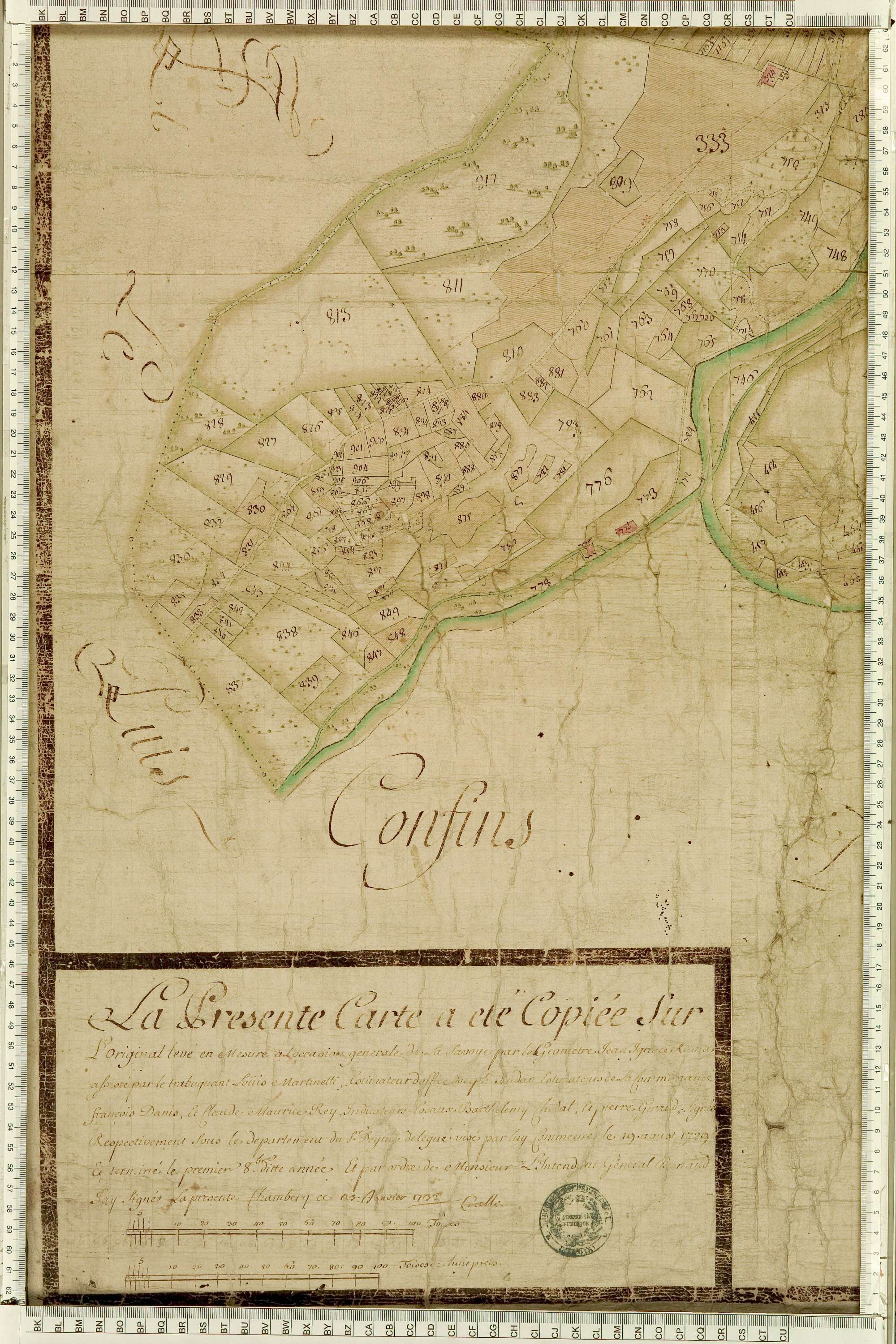 Salins-les-Thermes - Copie de la mappe originale (plan cadastral) de la commune de Salins. Signée Cocelli, directeur de la péréquation générale.