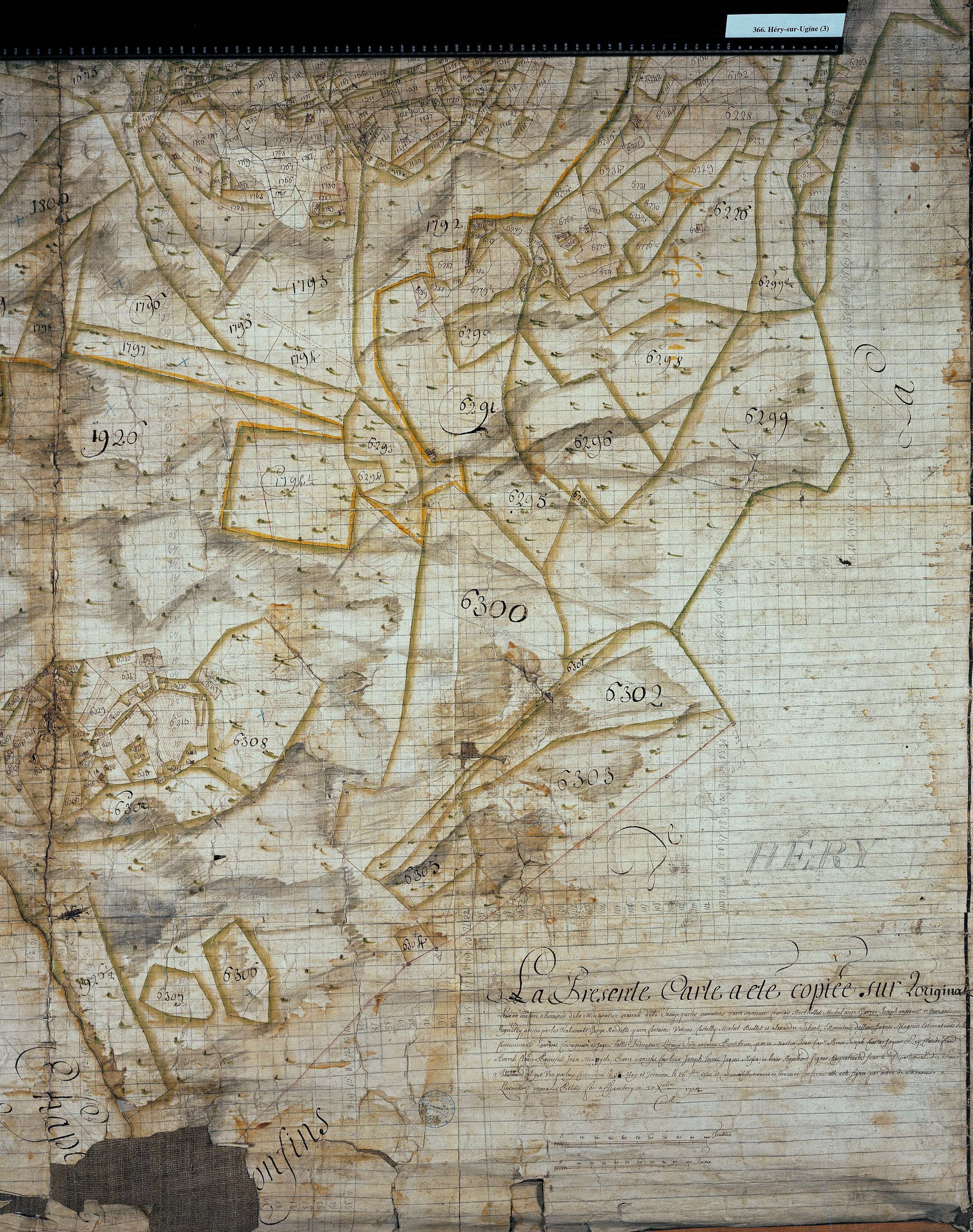 Ugine - Copie de la mappe originale (plan cadastral) de la commune d’Héry-sur-Ugines. Signée Cocelli, directeur de la péréquation.