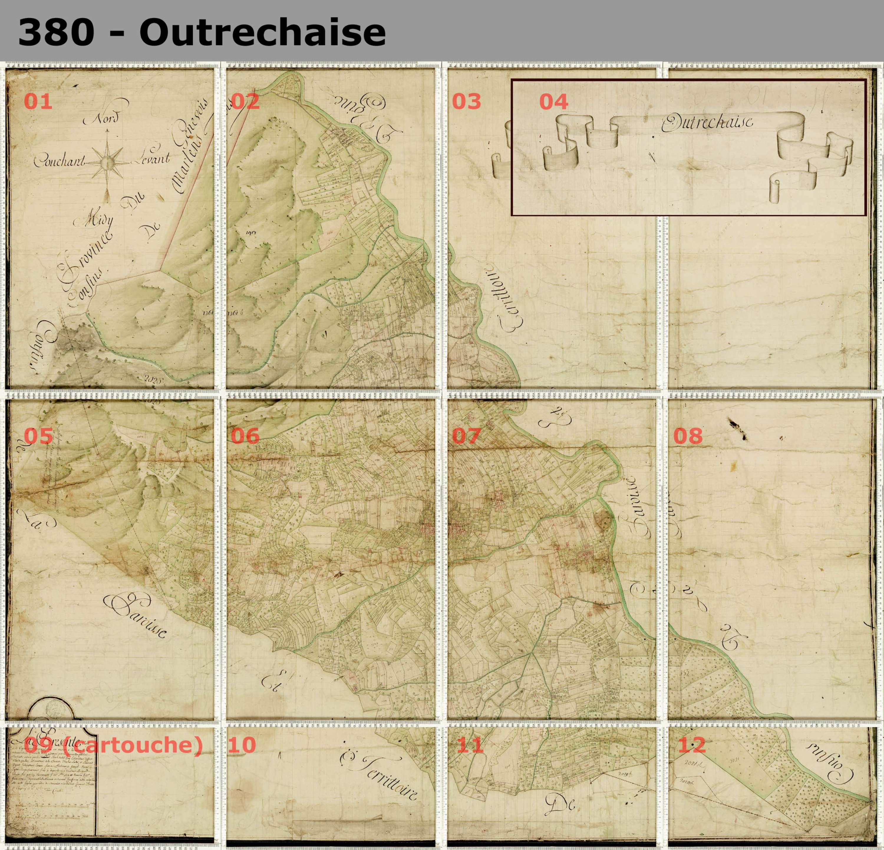 Ugine - Copie de la mappe originale (plan cadastral) de la commune d’Outrechaise. Signée Cocelli, directeur de la péréquation.