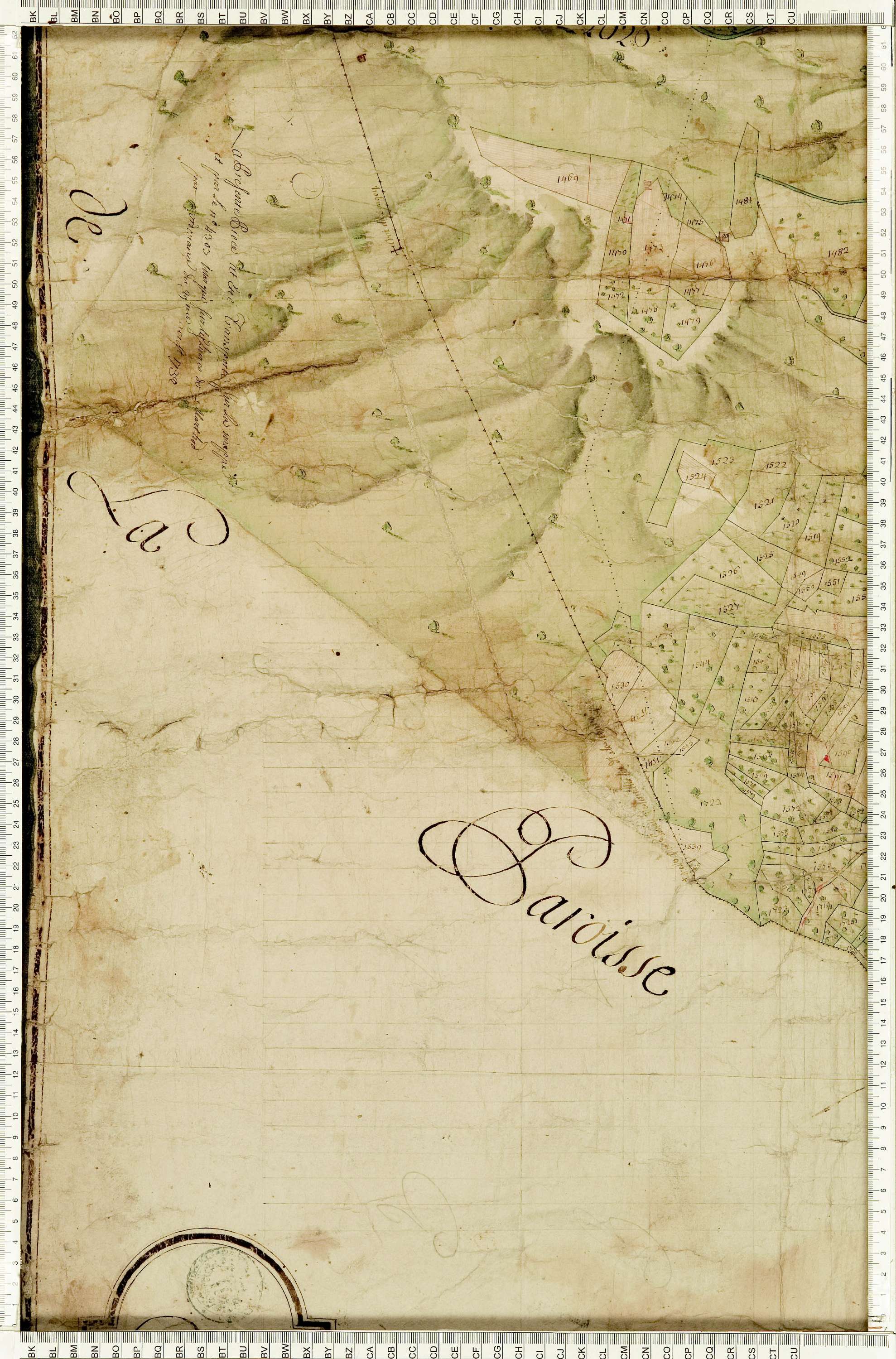 Ugine - Copie de la mappe originale (plan cadastral) de la commune d’Outrechaise. Signée Cocelli, directeur de la péréquation.