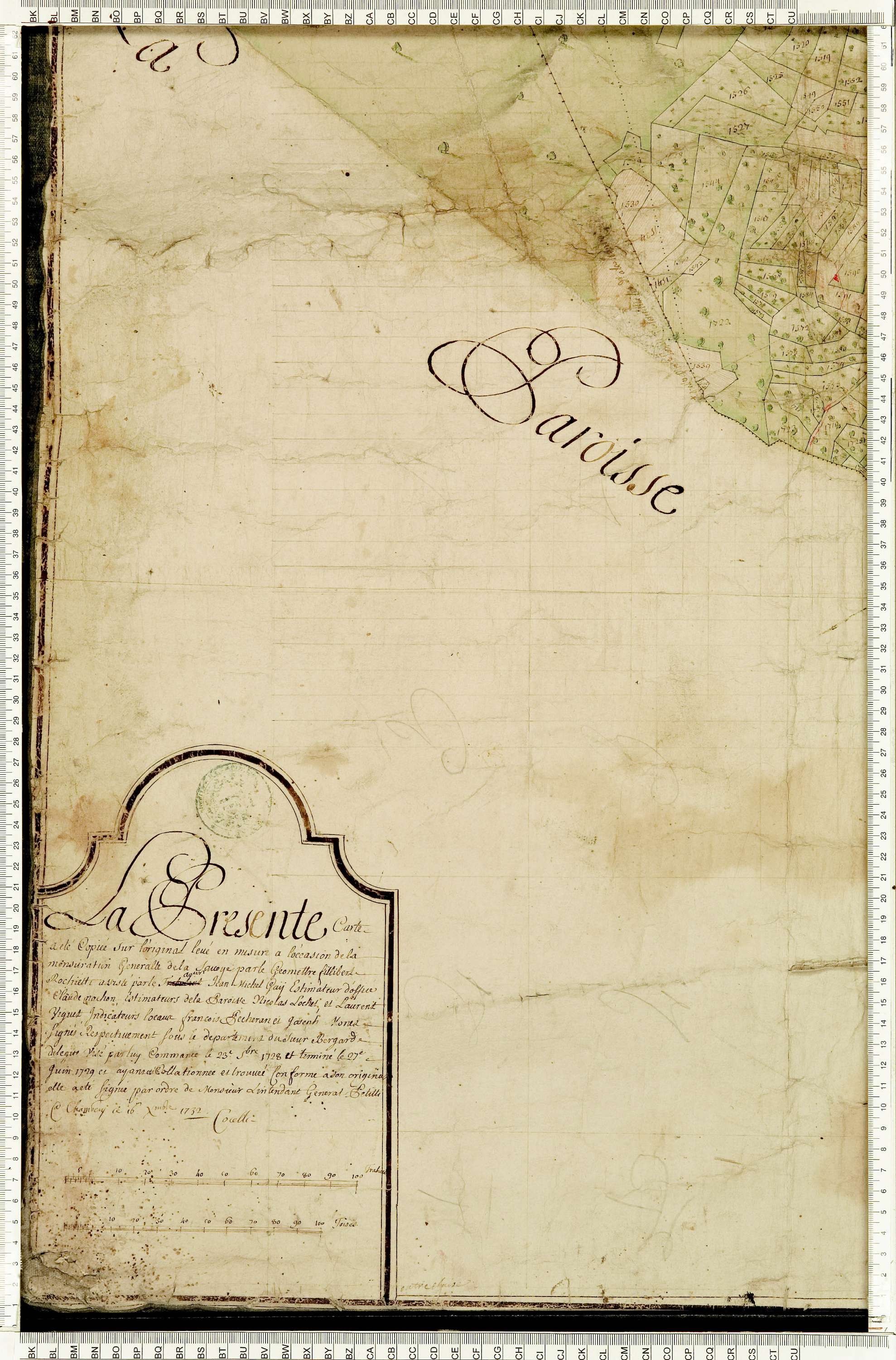 Ugine - Copie de la mappe originale (plan cadastral) de la commune d’Outrechaise. Signée Cocelli, directeur de la péréquation.