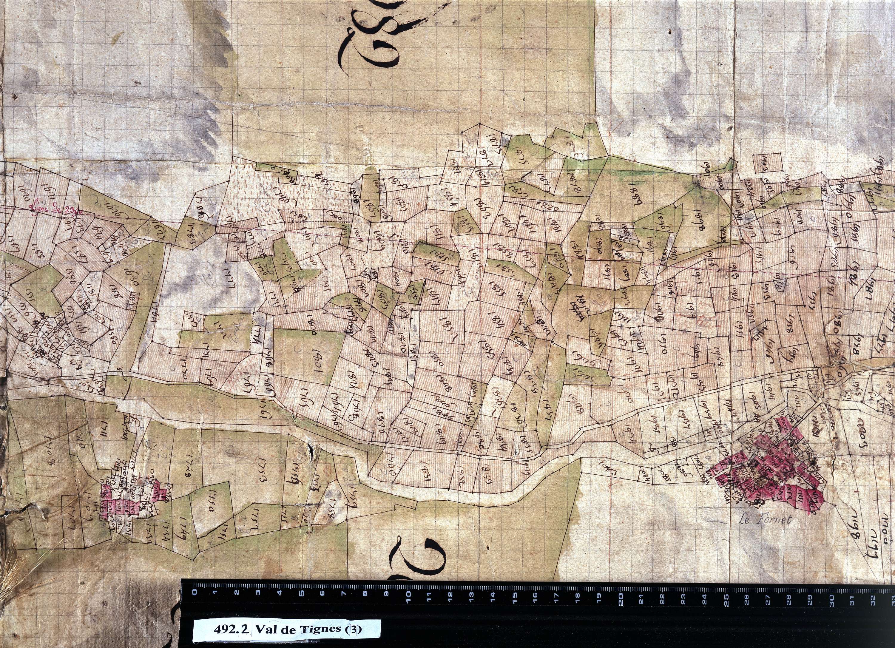 Val-d'Isère - Copie de la mappe originale (plan cadastral) de la commune de Val-de-Tignes. Signée Cocelli, directeur de la péréquation.