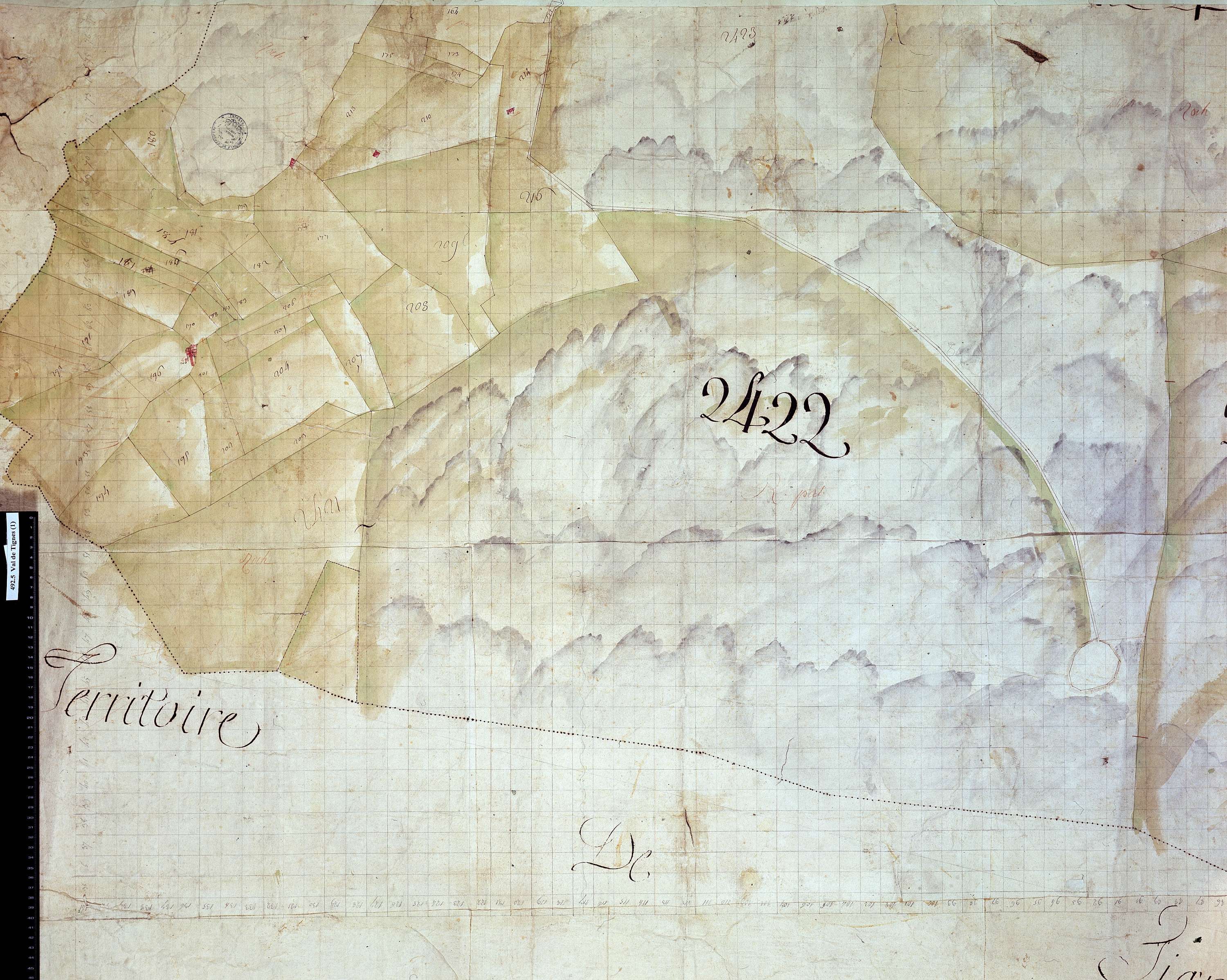 Val-d'Isère - Copie de la mappe originale (plan cadastral) de la commune de Val-de-Tignes. Signée Cocelli, directeur de la péréquation.