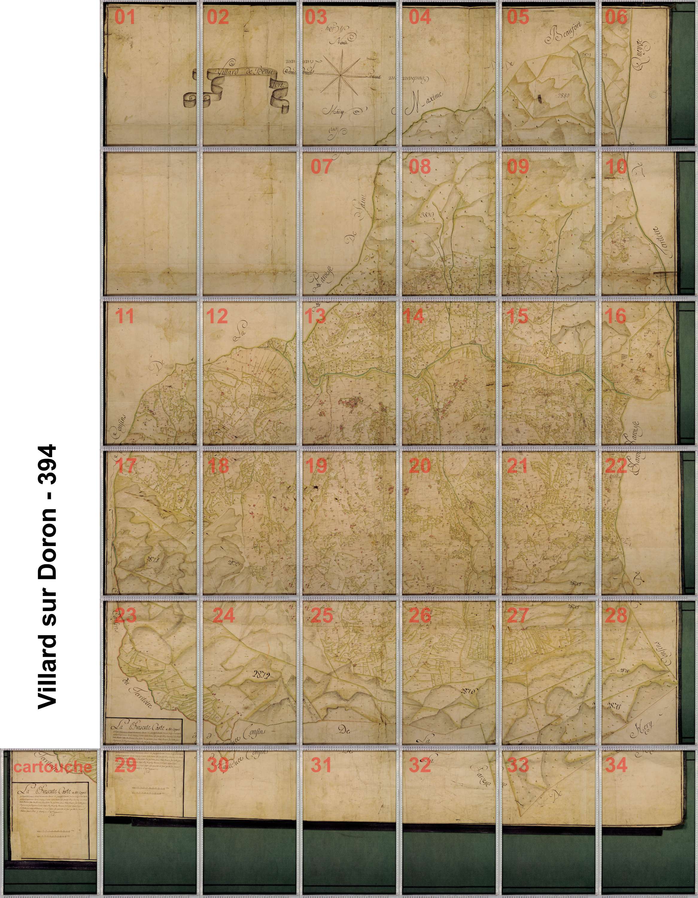 Villard-sur-Doron - Copie de la mappe originale (plan cadastral) de la commune de Villard-de-Beaufort. Signée Cocelli, directeur de la péréquation.