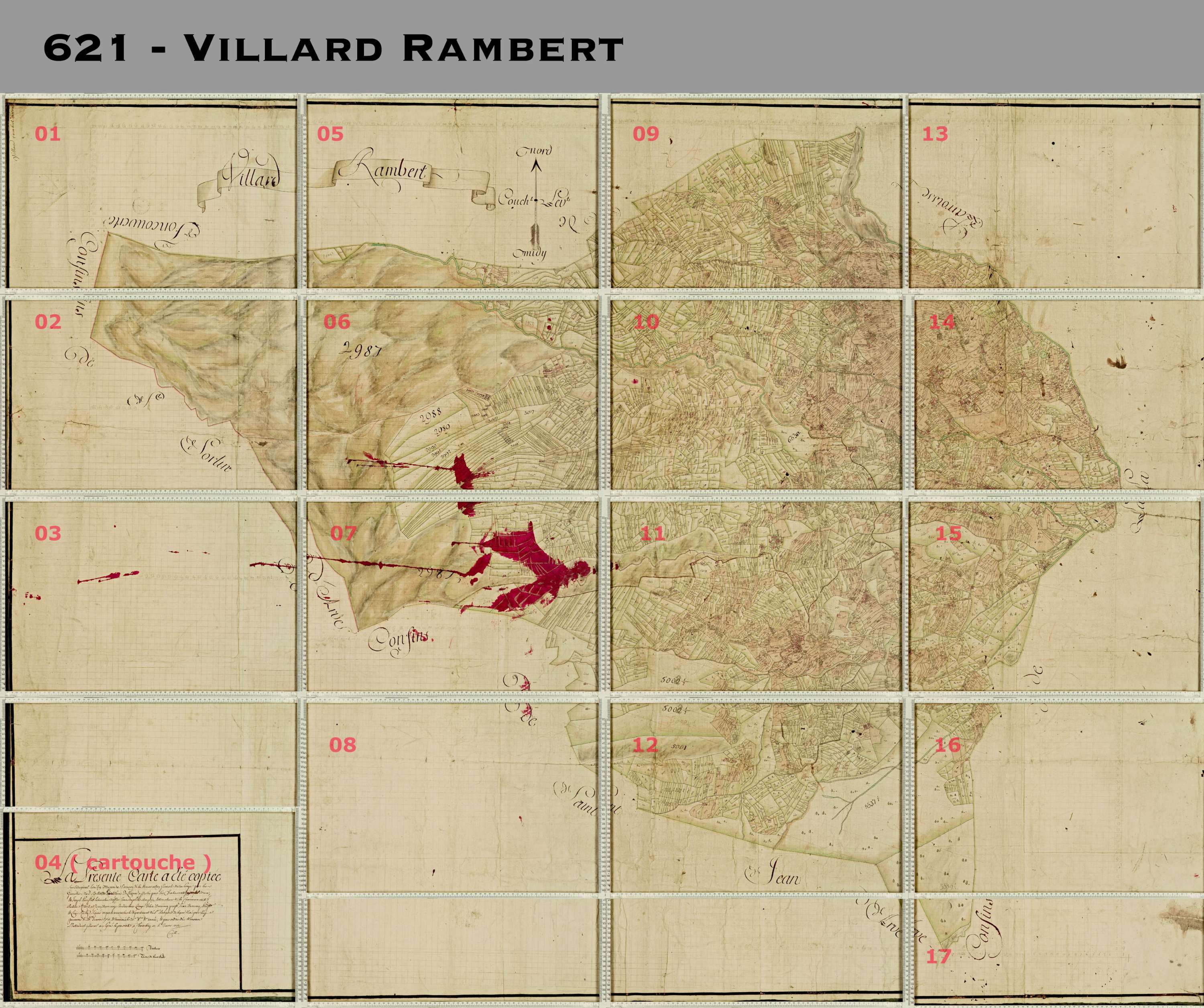 Villarembert - Copie de la mappe originale (plan cadastral) de la commune de Villarambert, dans lequel sont figurées et numérotées les 6651 parcelles qui composent le territoire de la commune. Signée Cocelli, directeur de la péréquation. - (La mappeorigin