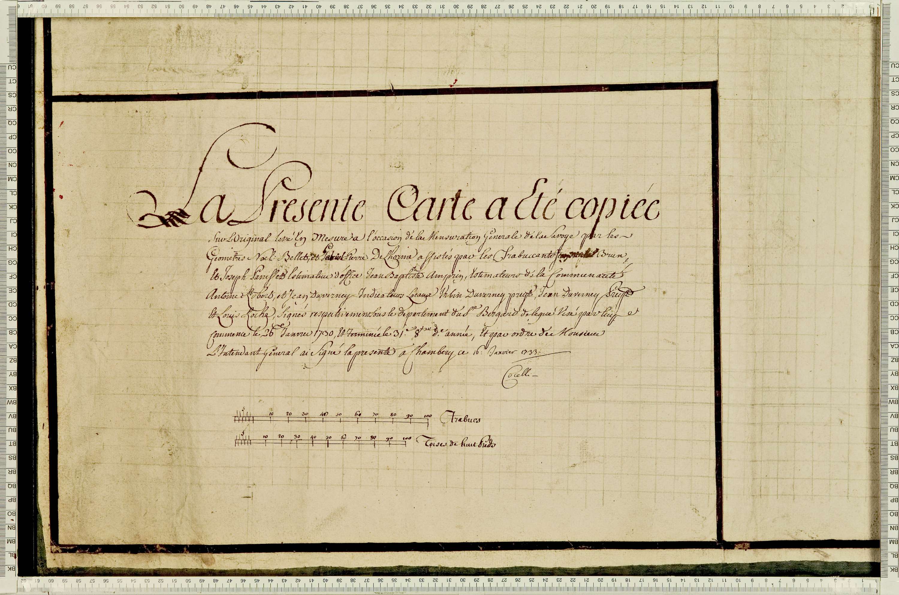 Villarembert - Copie de la mappe originale (plan cadastral) de la commune de Villarambert, dans lequel sont figurées et numérotées les 6651 parcelles qui composent le territoire de la commune. Signée Cocelli, directeur de la péréquation. - (La mappeorigin