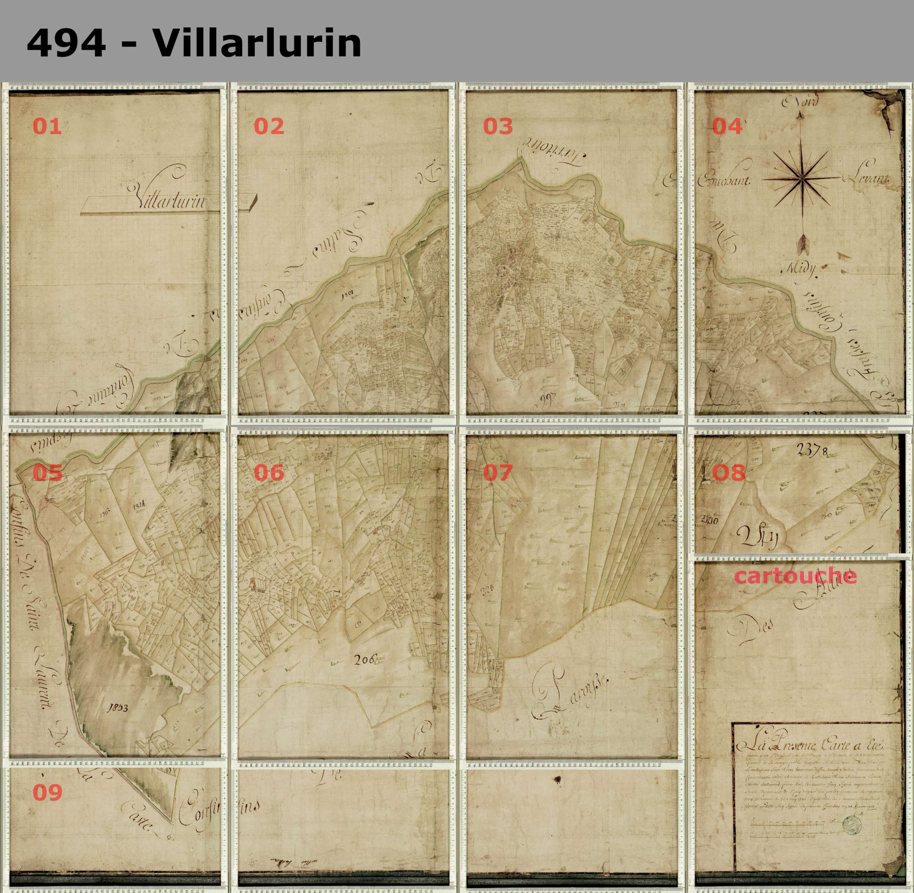 Villarlurin - Copie de la mappe originale (plan cadastral) de la commune de Villard-Lurin. Signée Cocelli, directeur de la péréquation.