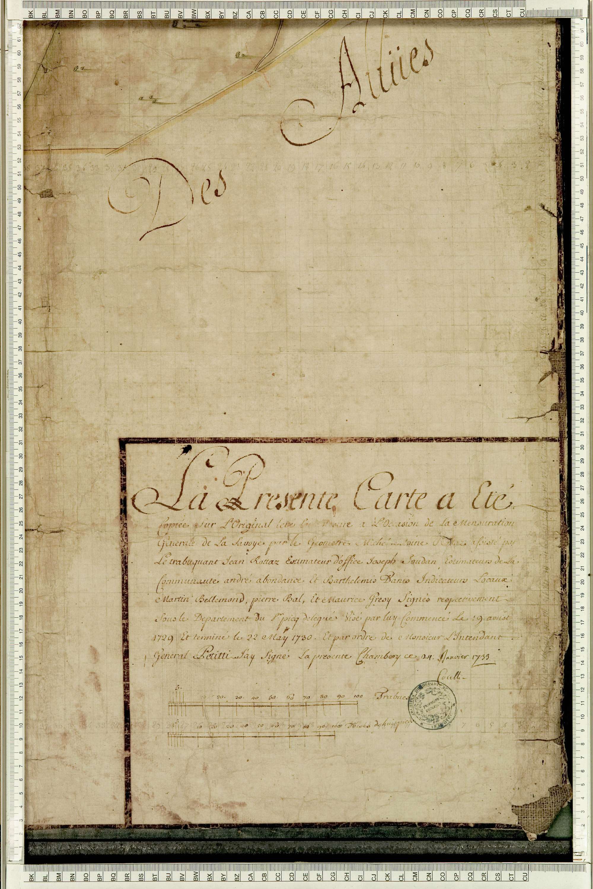 Villarlurin - Copie de la mappe originale (plan cadastral) de la commune de Villard-Lurin. Signée Cocelli, directeur de la péréquation.