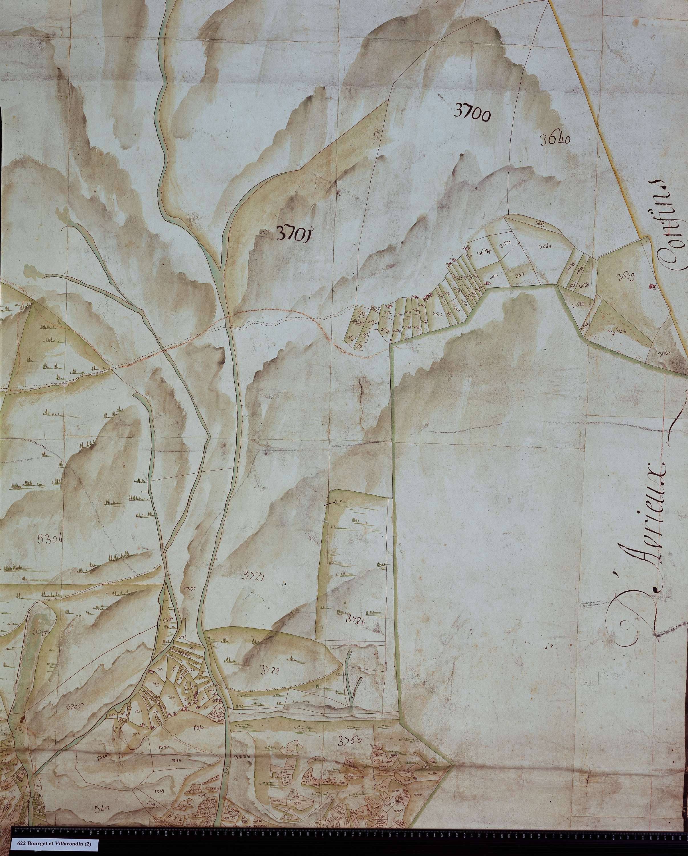 Villarodin-Bourget - Copie de la mappe originale (plan cadastral) de la commune de Bourget-Villarodin. Signée Cocelli, directeur du bureau de la péréquation.