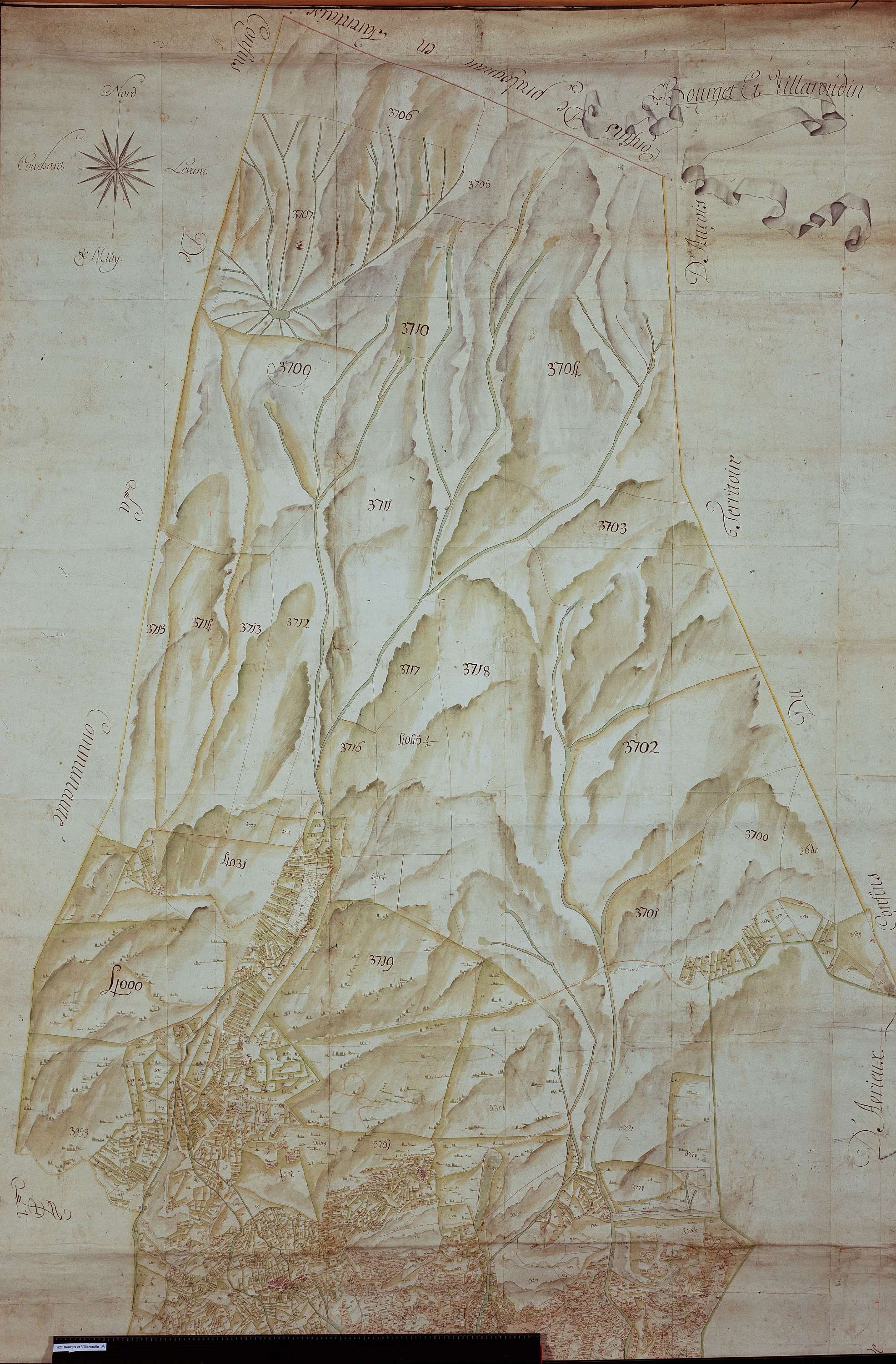 Villarodin-Bourget - Copie de la mappe originale (plan cadastral) de la commune de Bourget-Villarodin. Signée Cocelli, directeur du bureau de la péréquation.