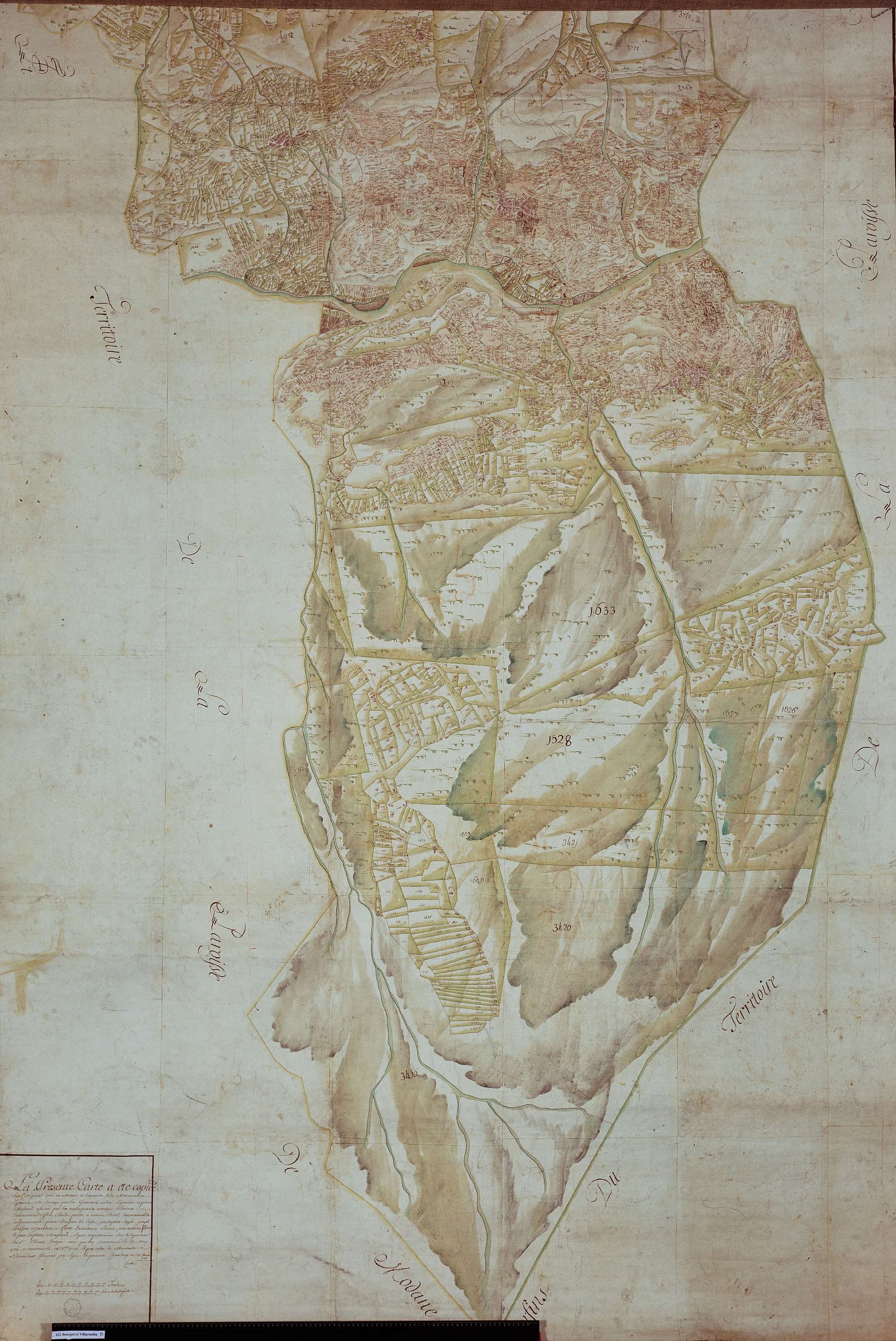 Villarodin-Bourget - Copie de la mappe originale (plan cadastral) de la commune de Bourget-Villarodin. Signée Cocelli, directeur du bureau de la péréquation.