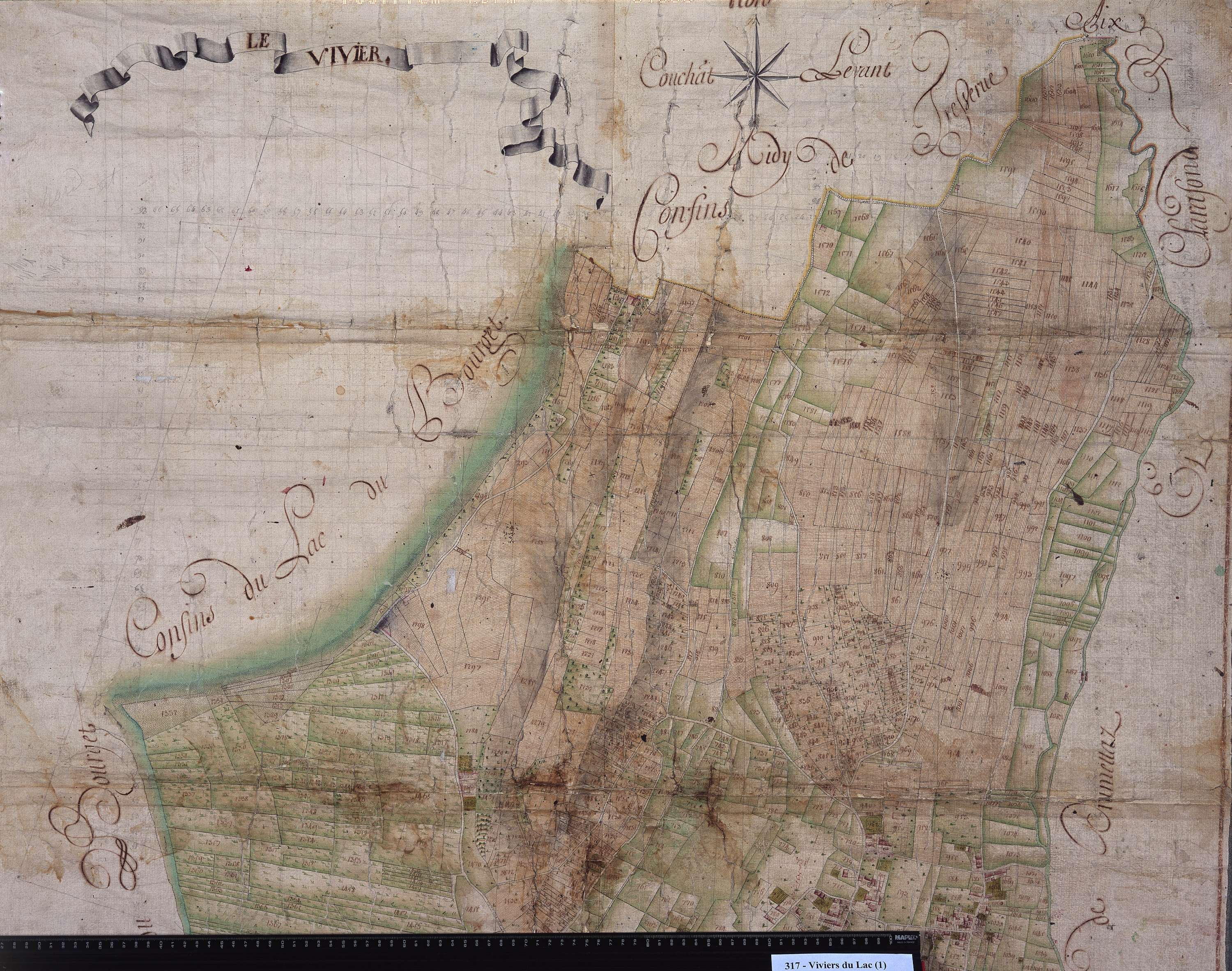 Viviers-du-Lac - Copie de la mappe originale (plan cadastral) de la commune du Viviers. Signée Cocelli, directeur de la péréquation.