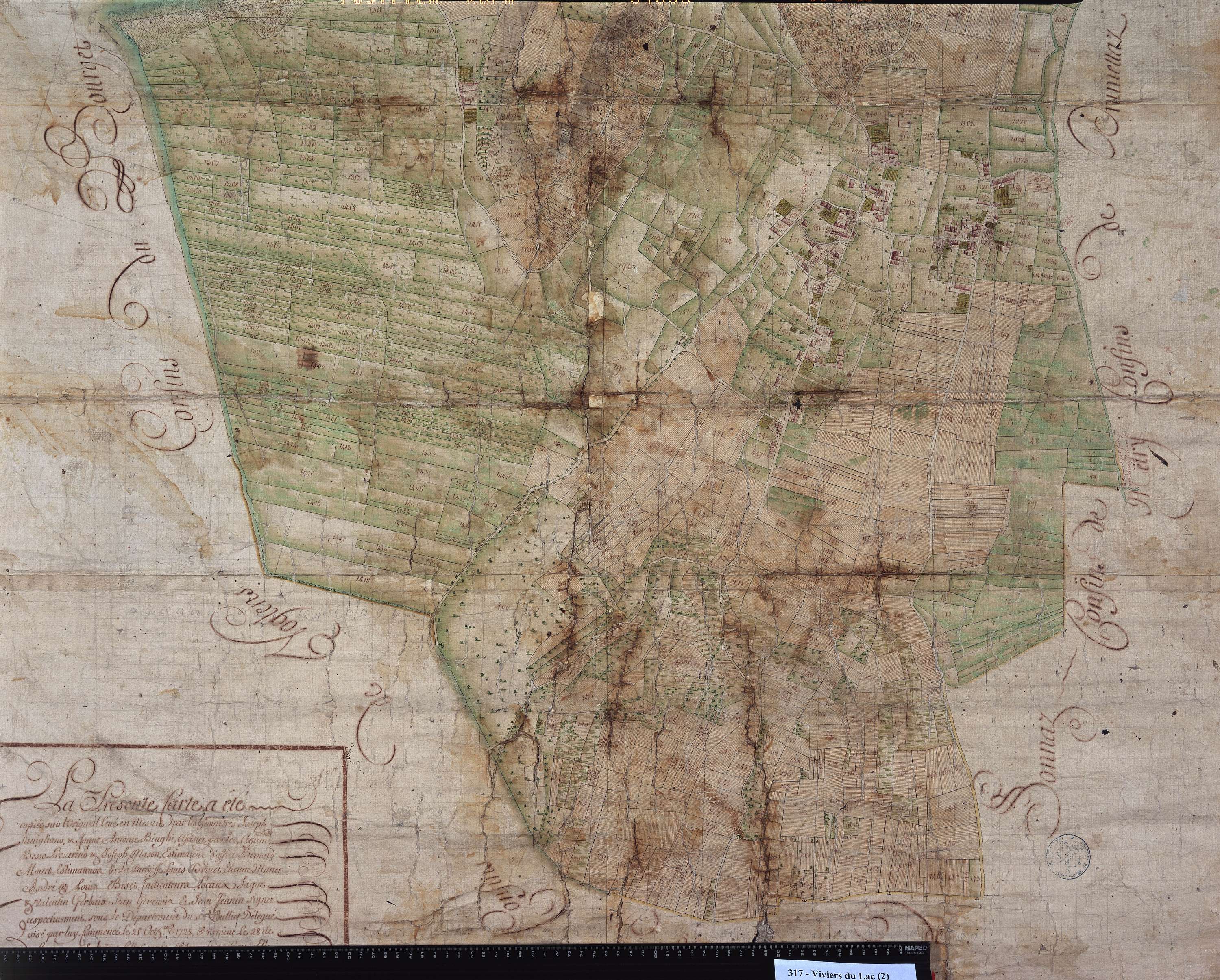 Viviers-du-Lac - Copie de la mappe originale (plan cadastral) de la commune du Viviers. Signée Cocelli, directeur de la péréquation.