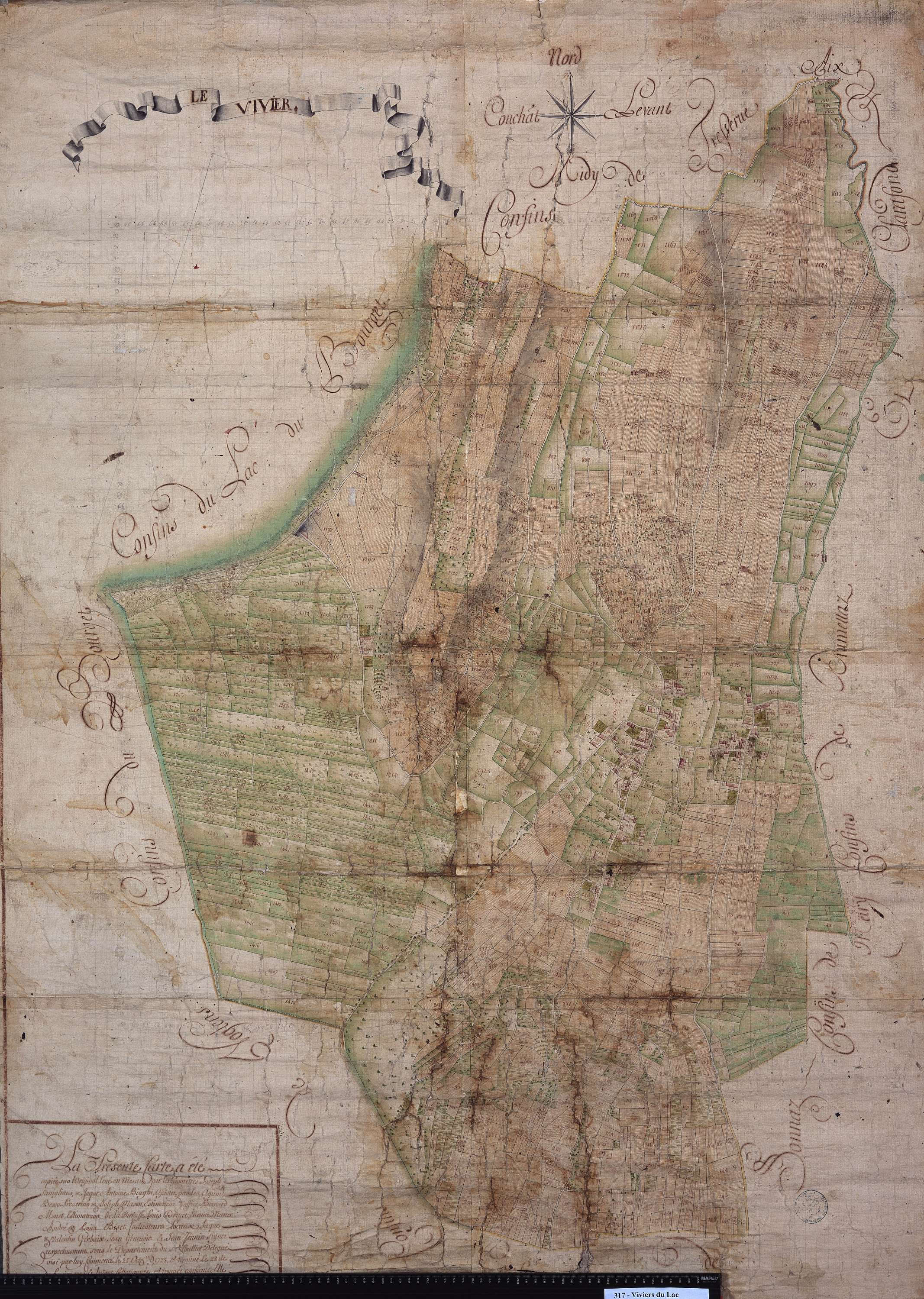 Viviers-du-Lac - Copie de la mappe originale (plan cadastral) de la commune du Viviers. Signée Cocelli, directeur de la péréquation.