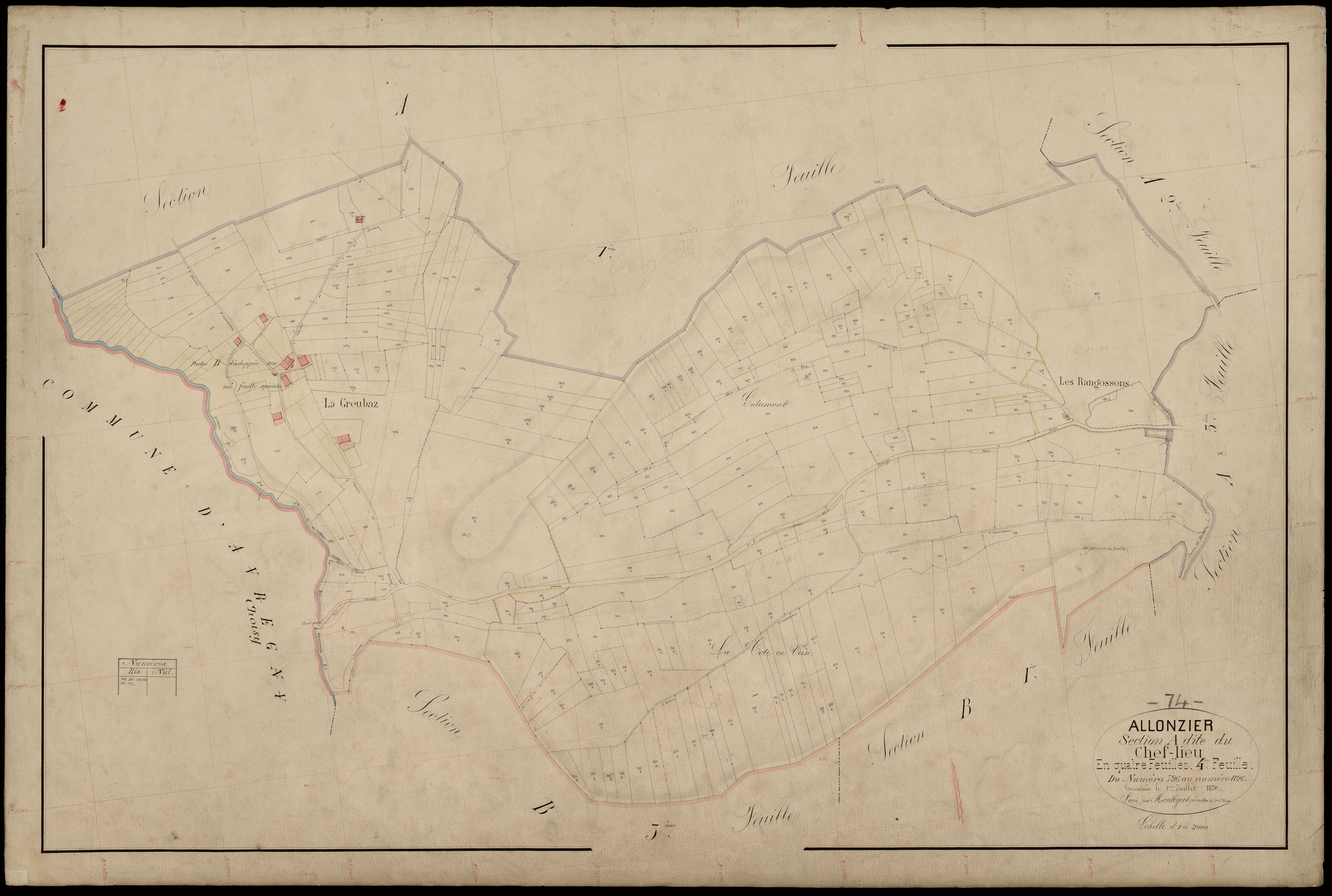 3 P 3 2227 - Développements de "Les Mariages" (zone non bâtie, partie A, 1ère feuille) et du hameau de "La Greubaz" (partie B, 4e feuille), échelle 1/1000e -