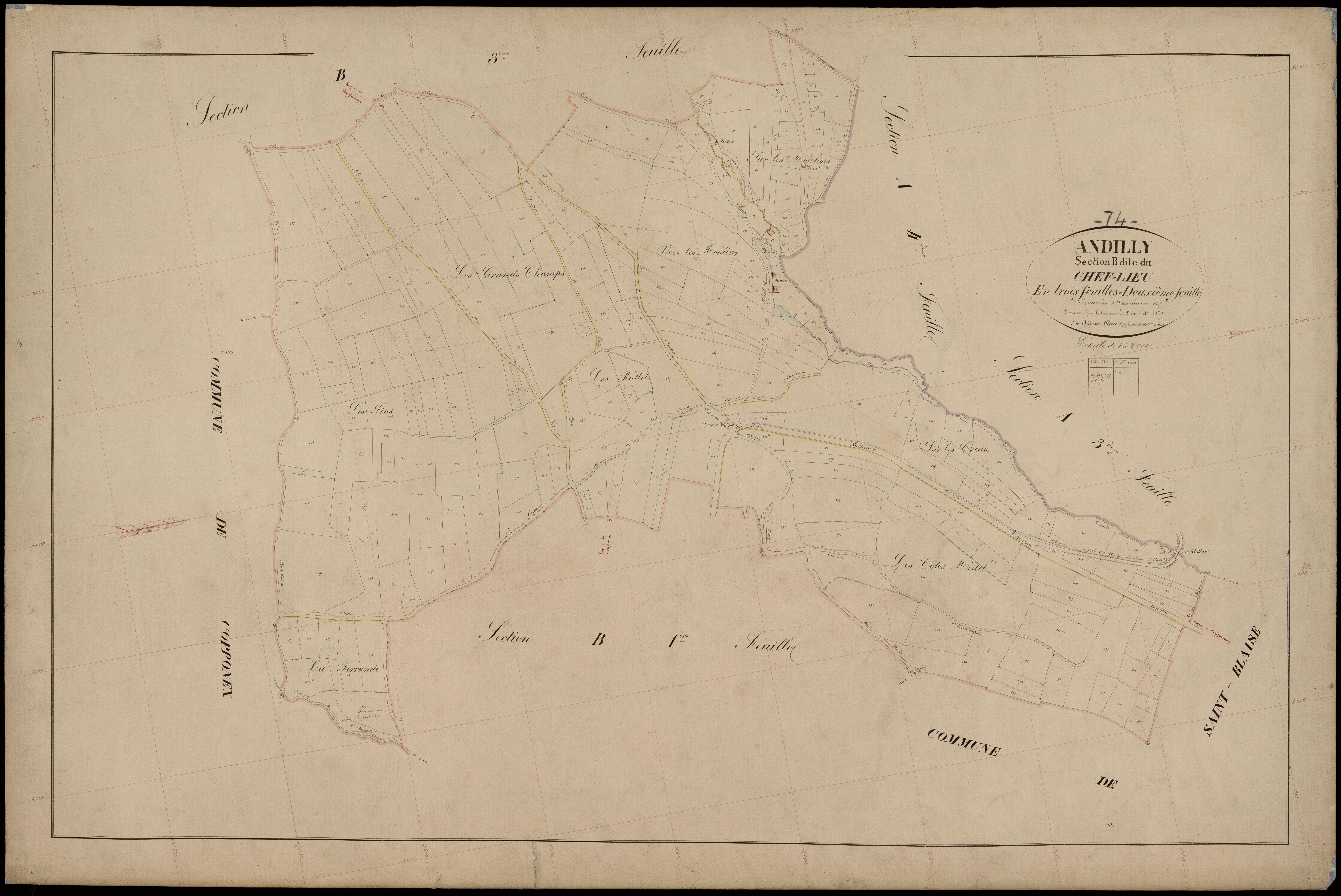 3 P 3 2254 - Feuille n° 3, parcelles n° 428 à 729 - 1er août 1870