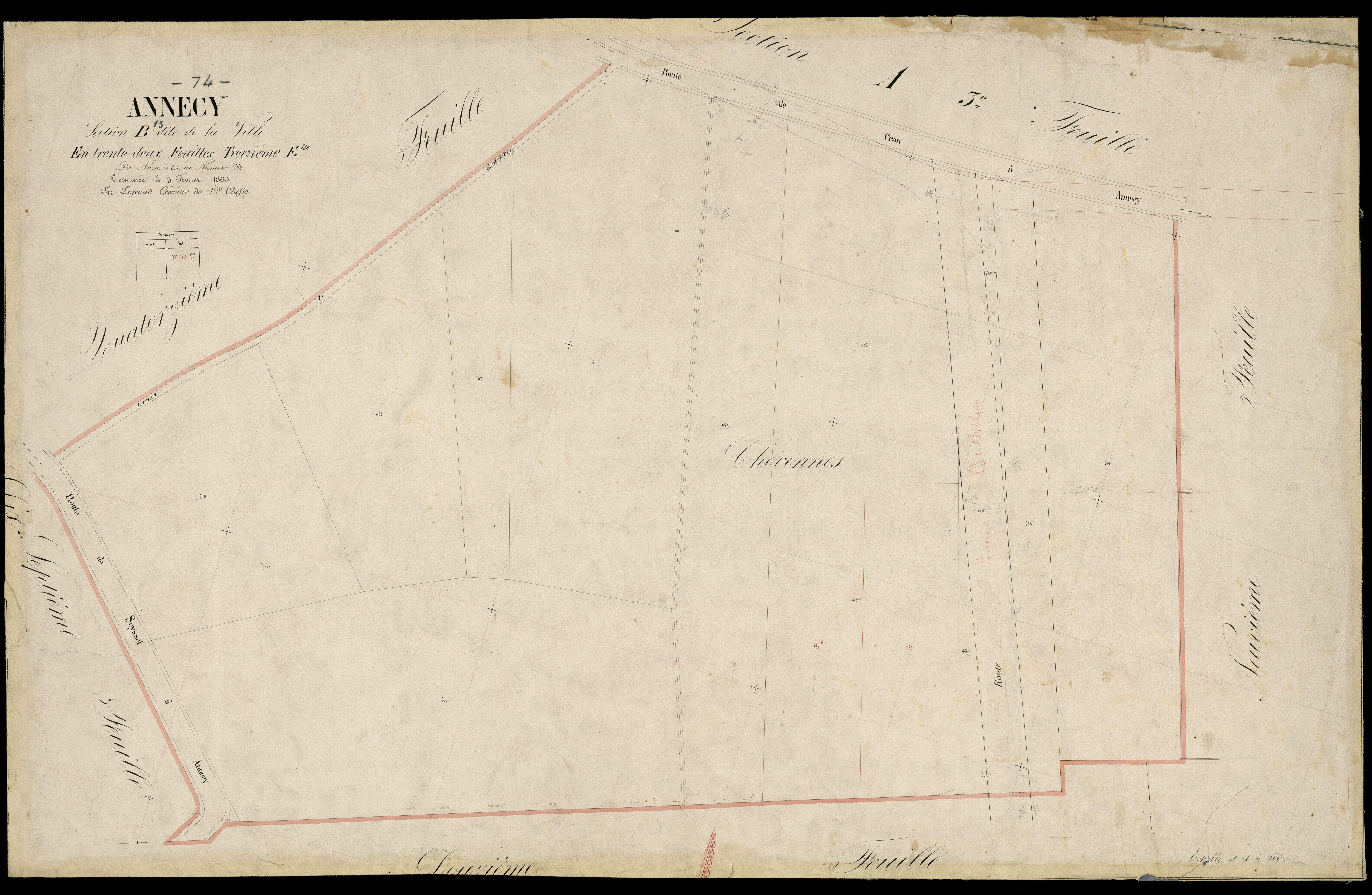 3 P 3 2272 - Feuille n° 14, parcelles n° 66 à 676 - 3 février 1866