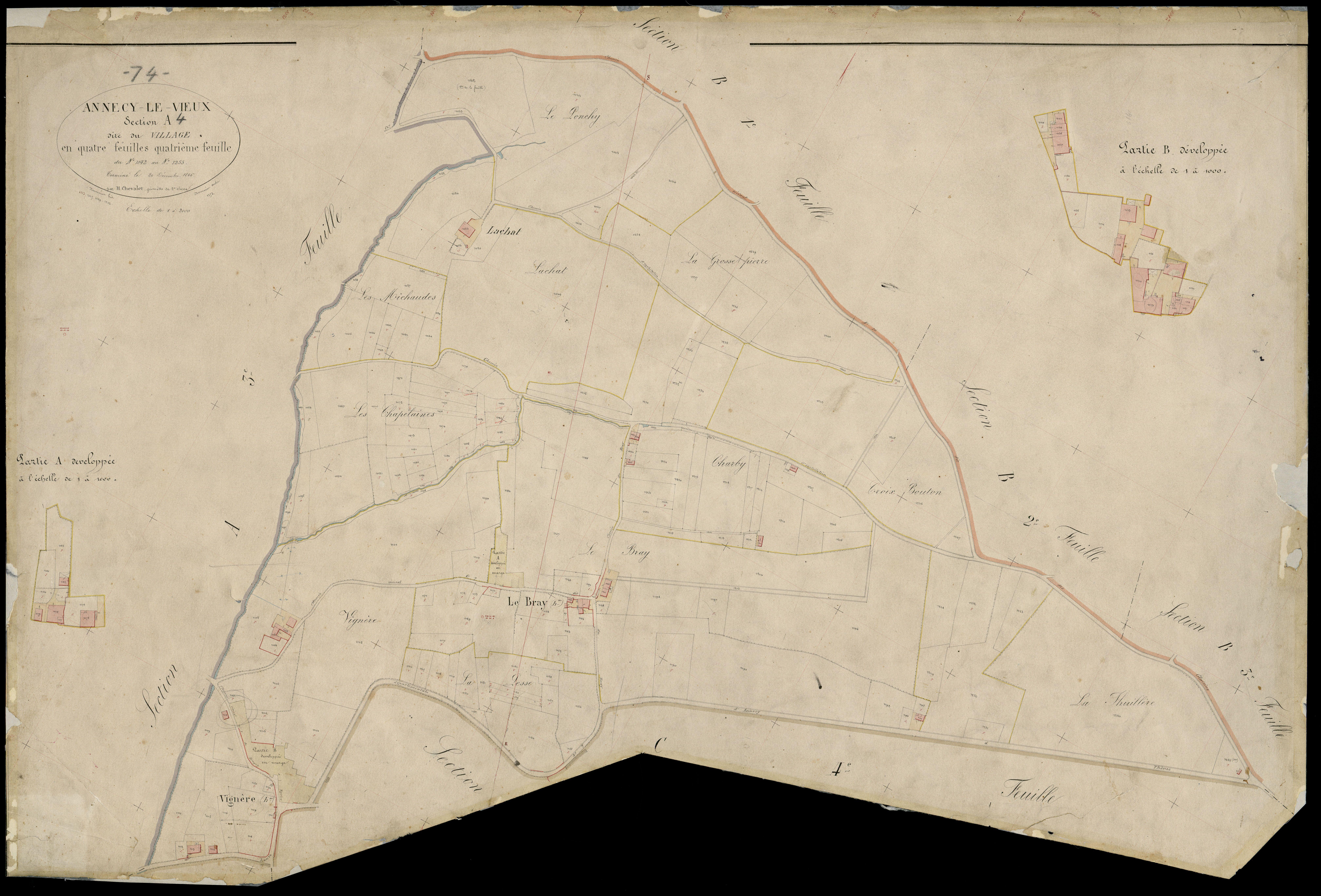 3 P 3 2302 - Développements des hameaux de "Petit Brogny" (partie A, 2ème feuille), de "Frontenex" (parties B et F, 2ème feuille, et C, 3ème feuille), du chef-lieu (partie D, 3ème feuille), et du hameau de "Novelle" (partie E, 3ème feuille), échelle 1/100