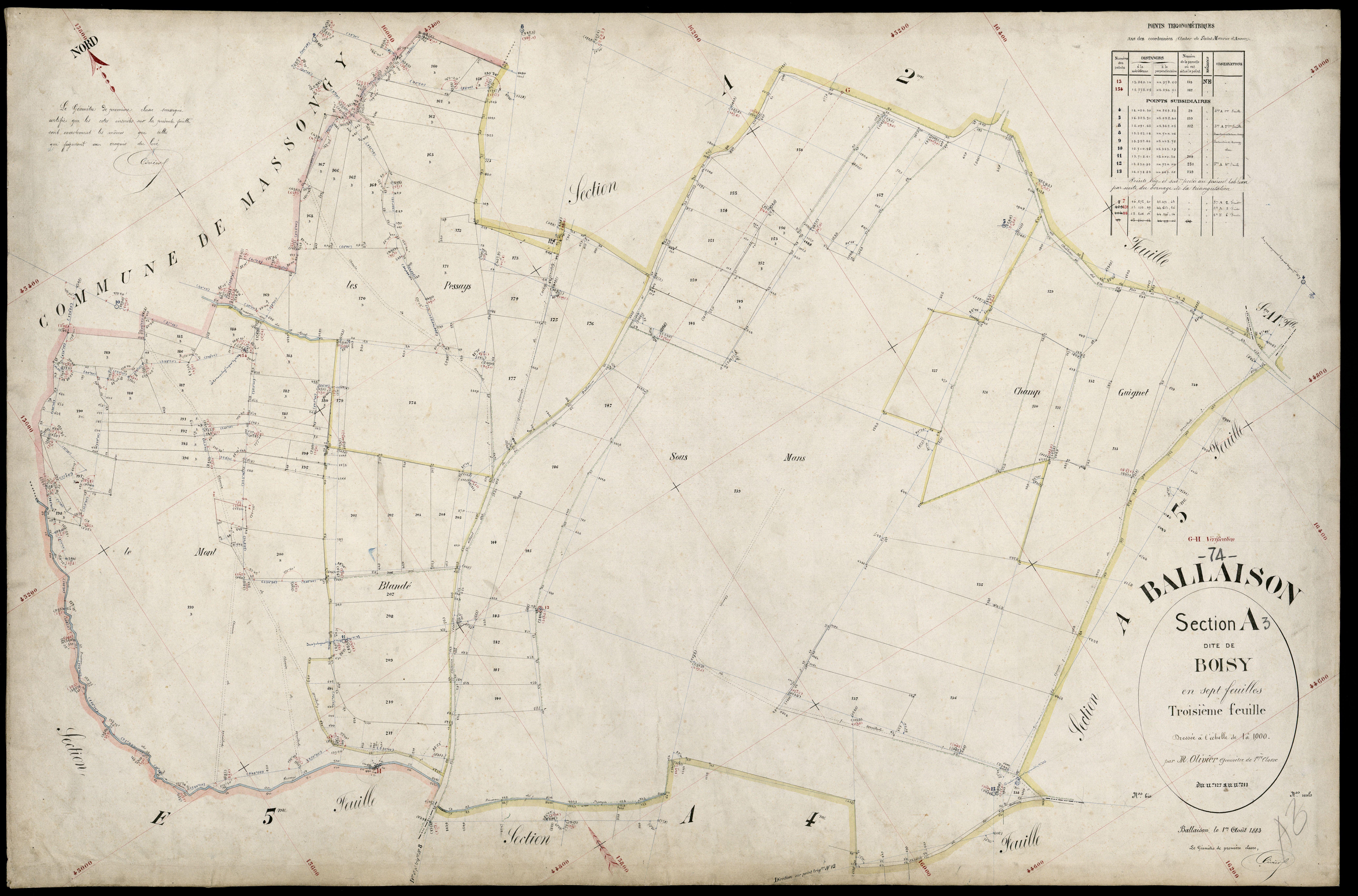 3 P 3 2567 - Feuille n° 4, parcelles n° 212 à 290 - 1er août 1883