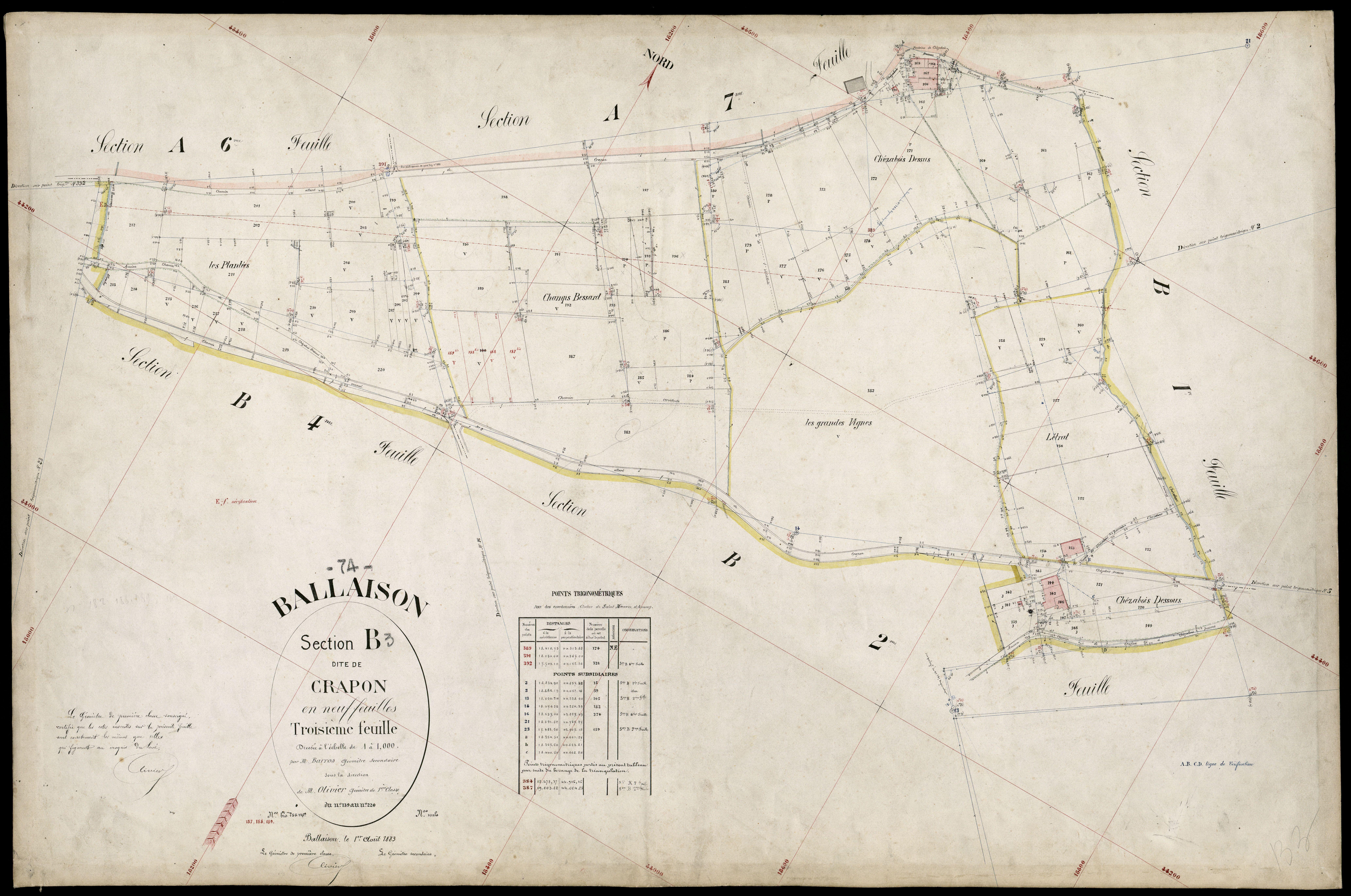 3 P 3 2574 - Feuille n° 4, parcelles n° 221 à 329 - 1er août 1883