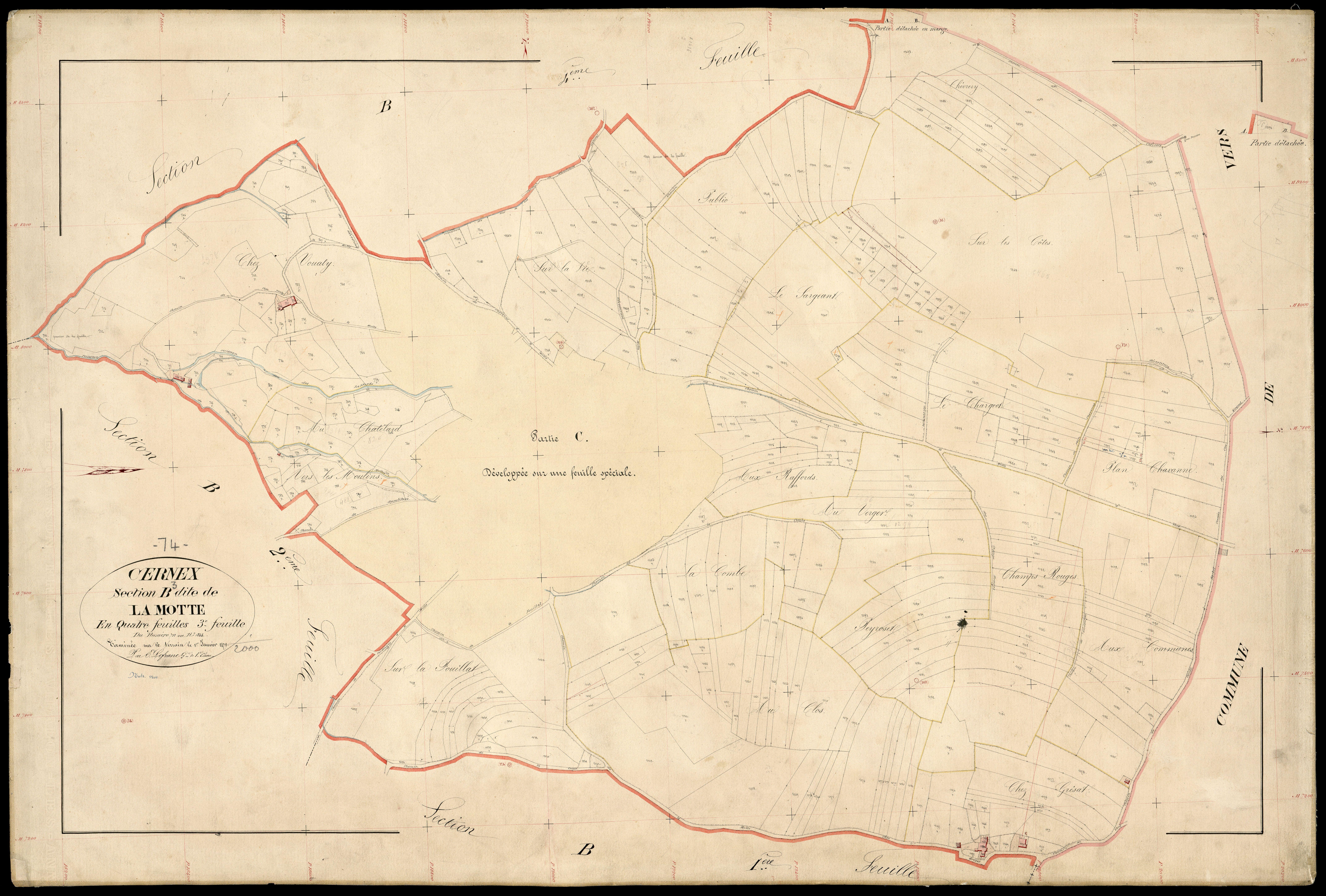 3 P 3 3149 - Développements des hameaux de "Chez Bretton" (partie A, 2ème feuille), "Cortenges" (partie B, 2ème feuille) et "La Motte" (partie C, 3ème feuille), échelle 1/1000e - 1er janvier 1871