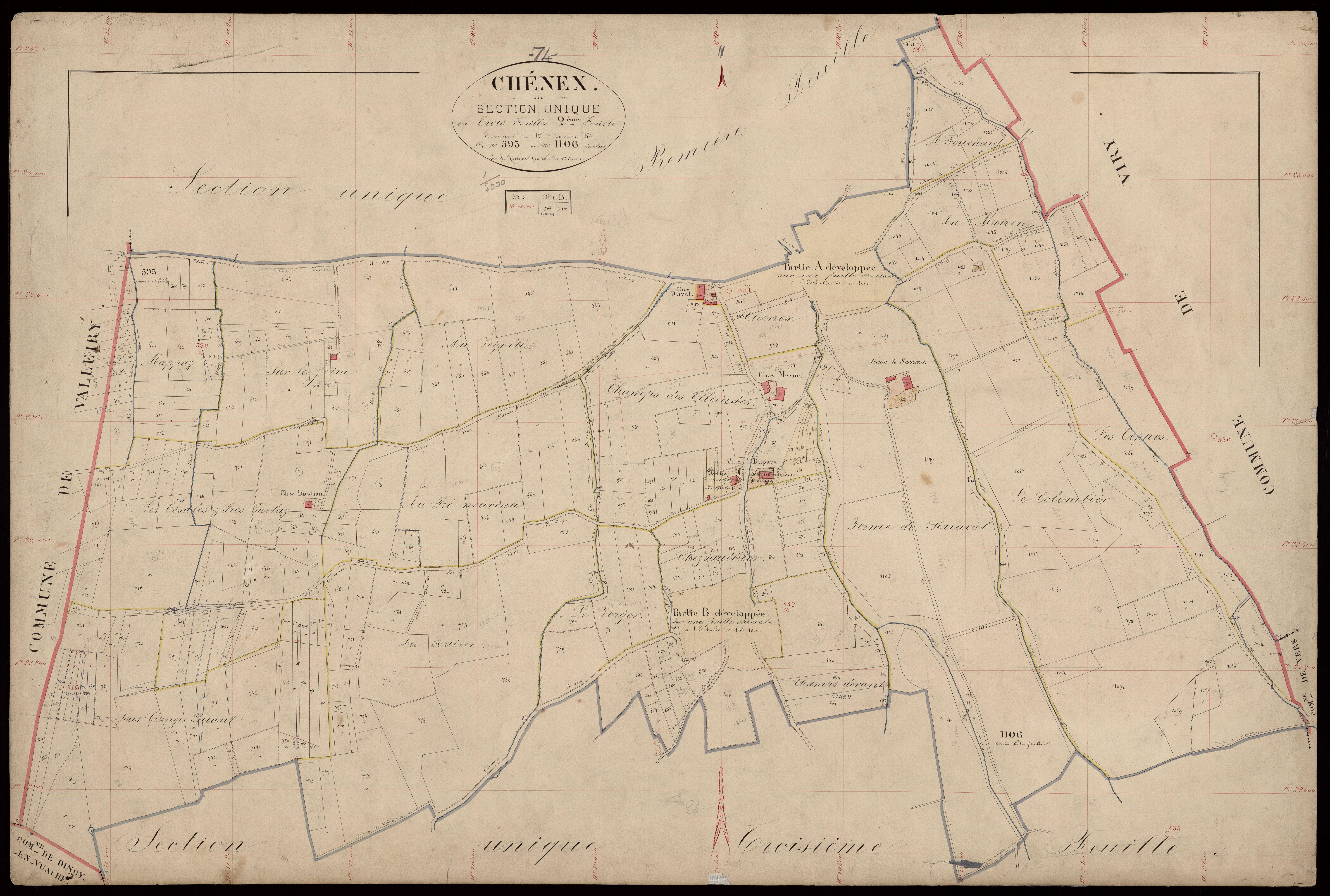 3 P 3 3445 - Développements du chef-lieu, des hameaux de "Chez Vauthier" et de "Chez Duparc" (respectivement parties A, B et C, 2ème feuille), et des zones non bâties suivantes : parties D, E, F et G (1ère feuille), échelle 1/1000e - 1er novembre 1871