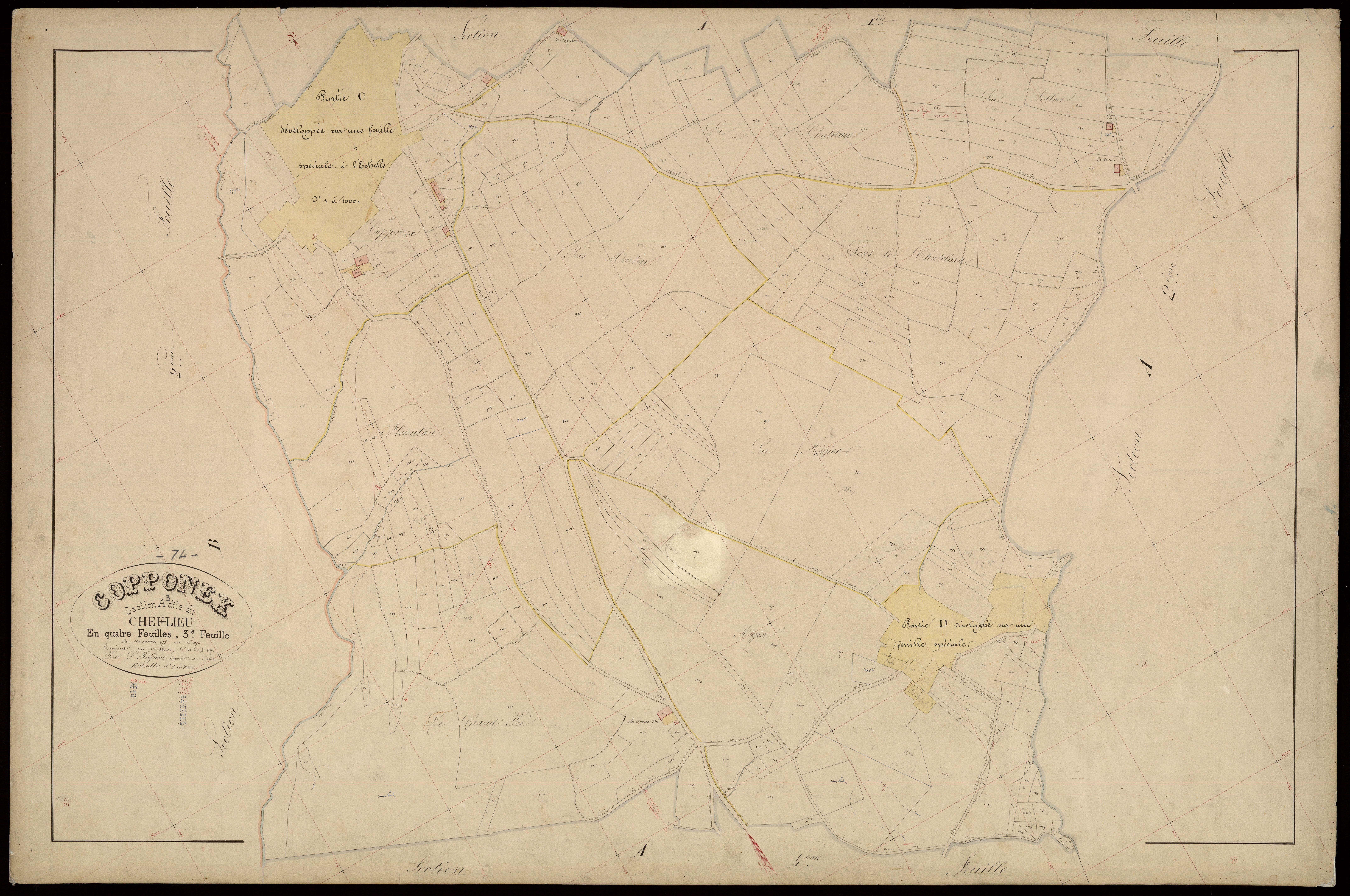 3 P 3 3872 - Développements du hameau de "Malbuisson" (parties A et B, 1ère feuille), du chef-lieu et du hameau de "Mezier" (respectivement parties C et D, 3ème feuille), échelle 1/1000e - 1870