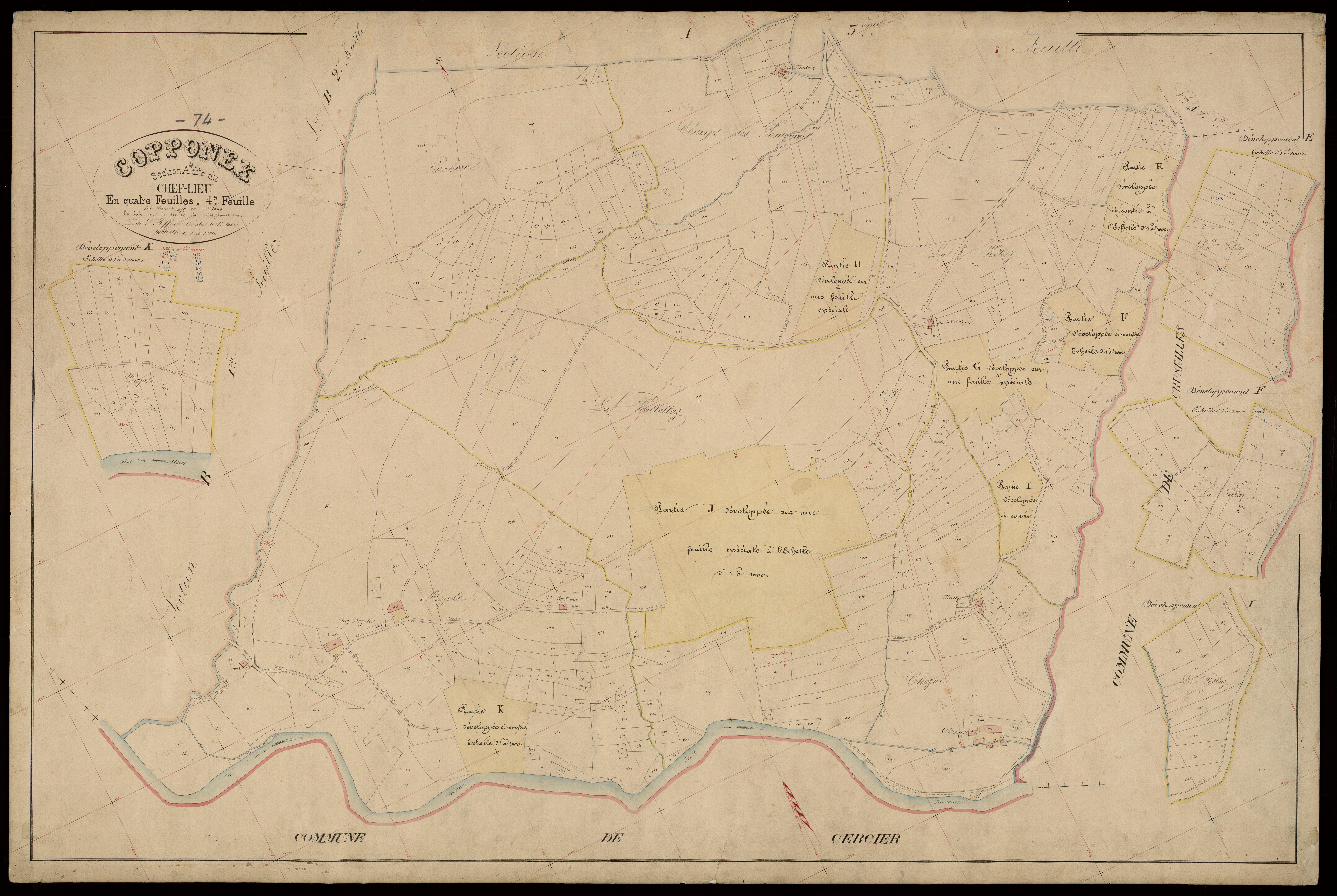 3 P 3 3874 - Développements du hameau de "La Vellaz" et des zones non bâties "Champs des Pommiers" et "La Viollettaz" (respectivement parties G, H et J, 4ème feuille), échelle 1/1000e - 1870