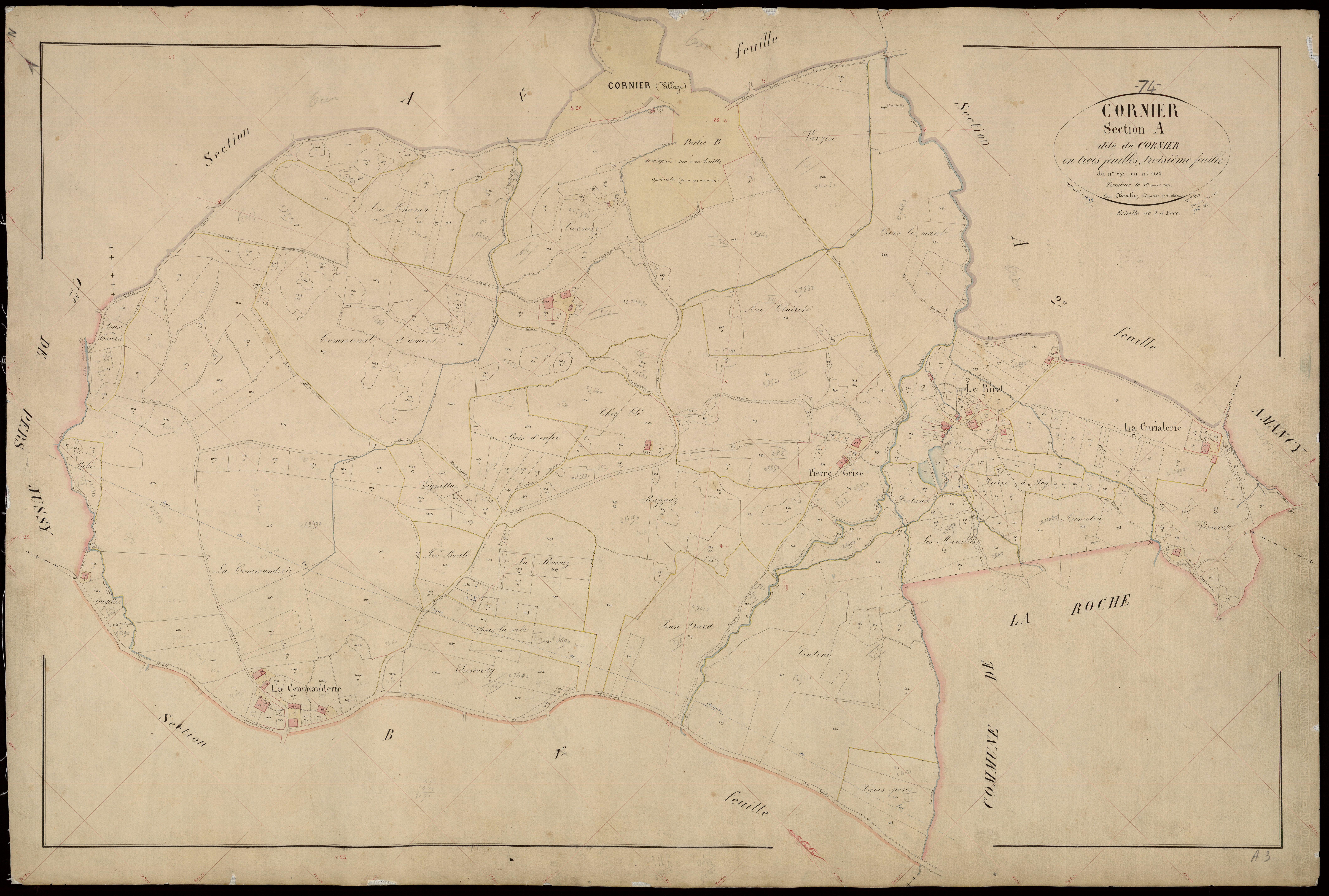 3 P 3 3919 - Développements du hameau de "La Madeleine" et du chef-lieu (respectivement parties A, 2ème feuille, et B, 3ème feuille), échelle 1/1000e - 1870