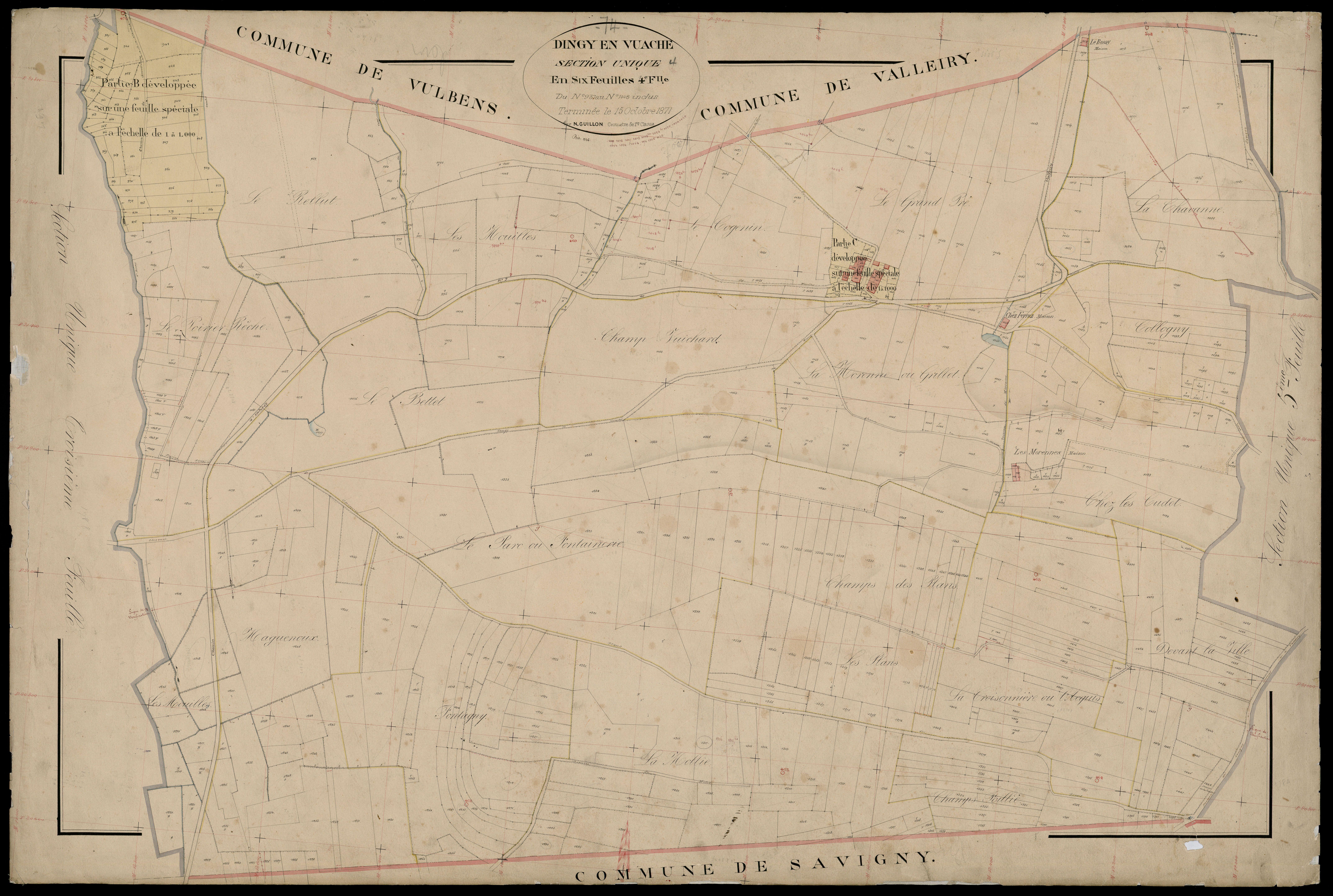 3 P 3 4181 - Développements du hameau de "Raclaz" (partie A, 3ème feuille), de la zone non bâtie "Le Bélie ou La Rippaz" (partie B, 4ème feuille), du hameau de "Bloux" (partie C, 4ème feuille), de la zone bâtie "Le Rocher" (partie D, 2ème feuille), échell