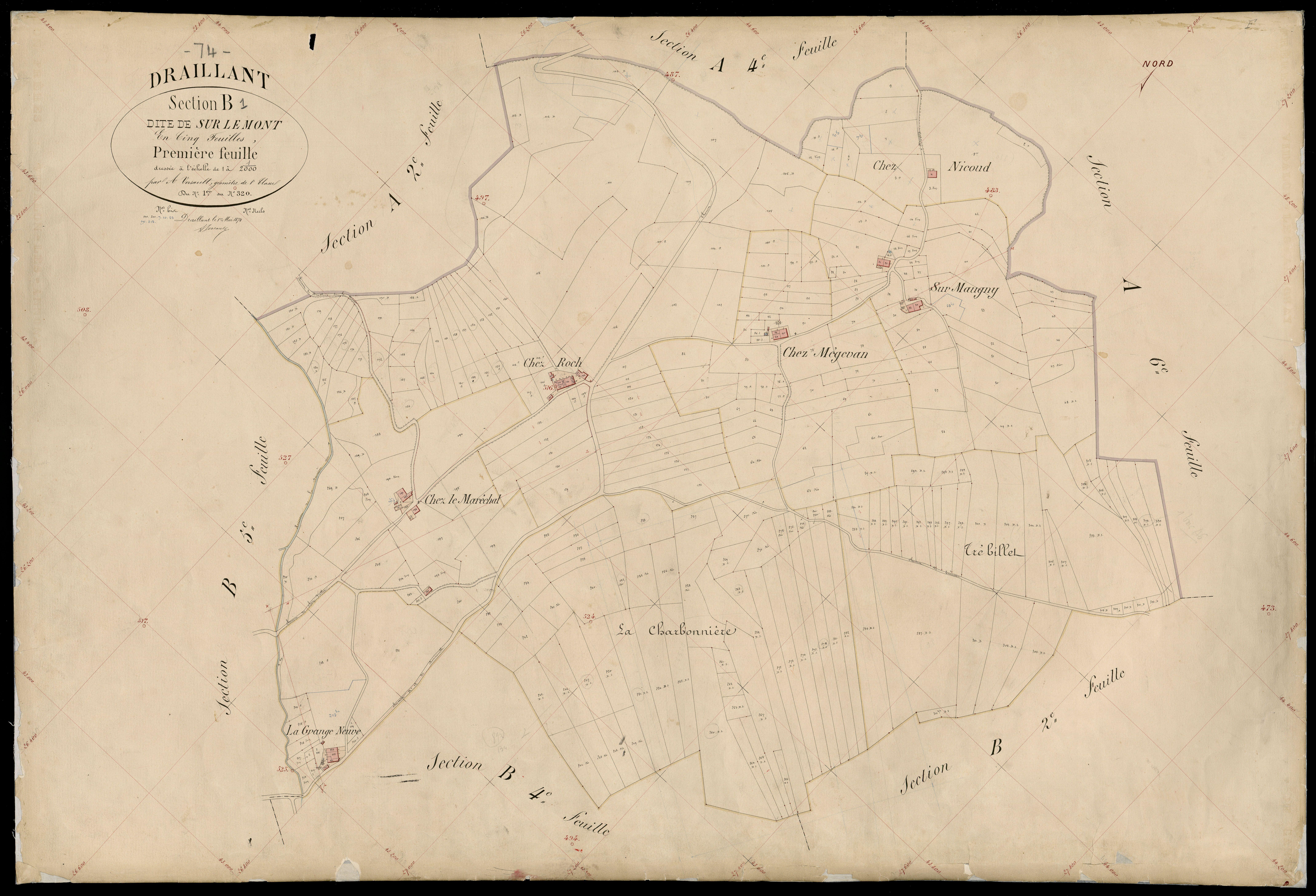 3 P 3 4315 - Feuille n° 2, parcelles n° 321 à 23 - 1er mai 1874