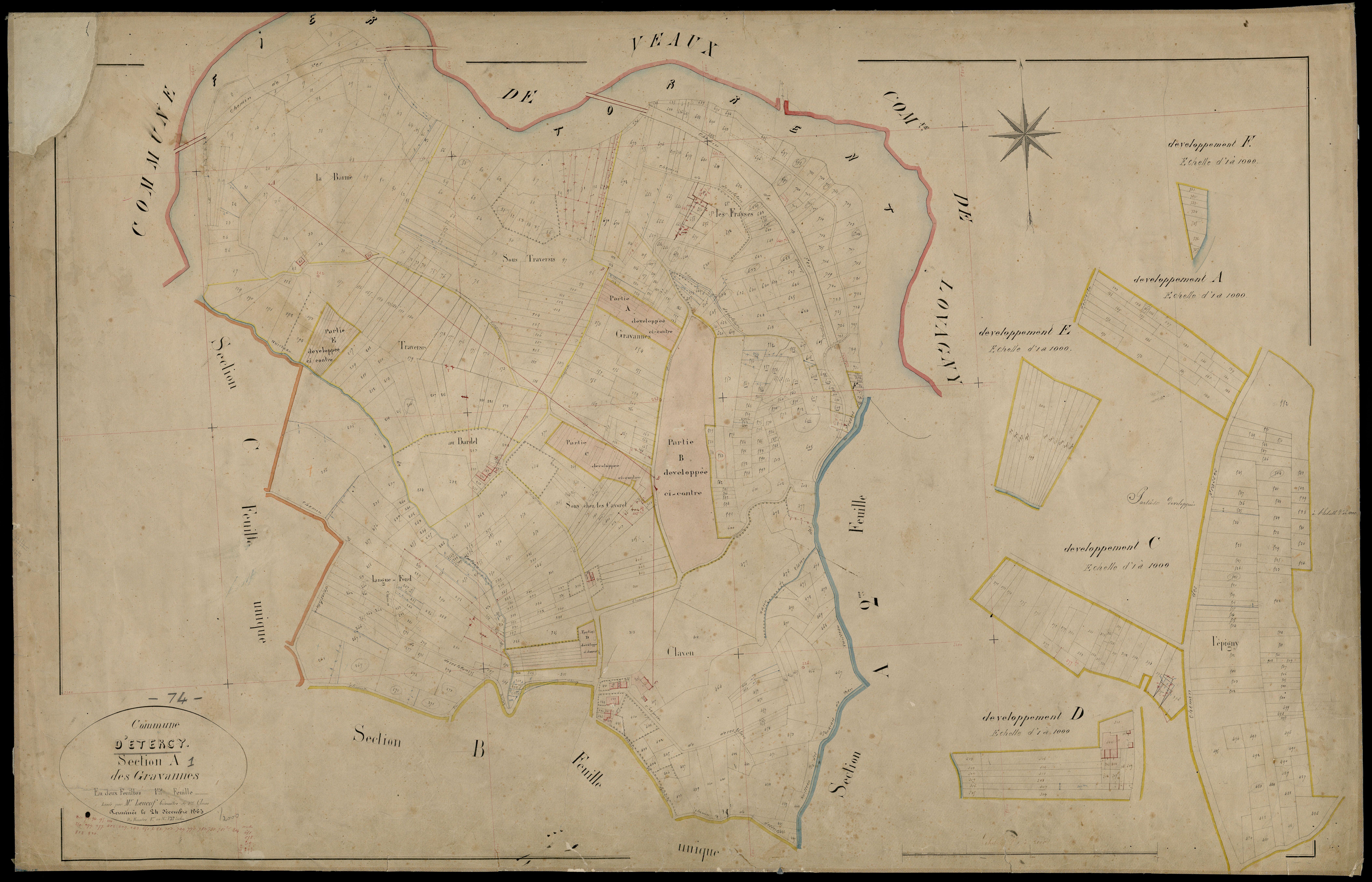 3 P 3 4475 - Feuille n° 2, parcelles n° 738 à 1013 - 24 décembre 1863