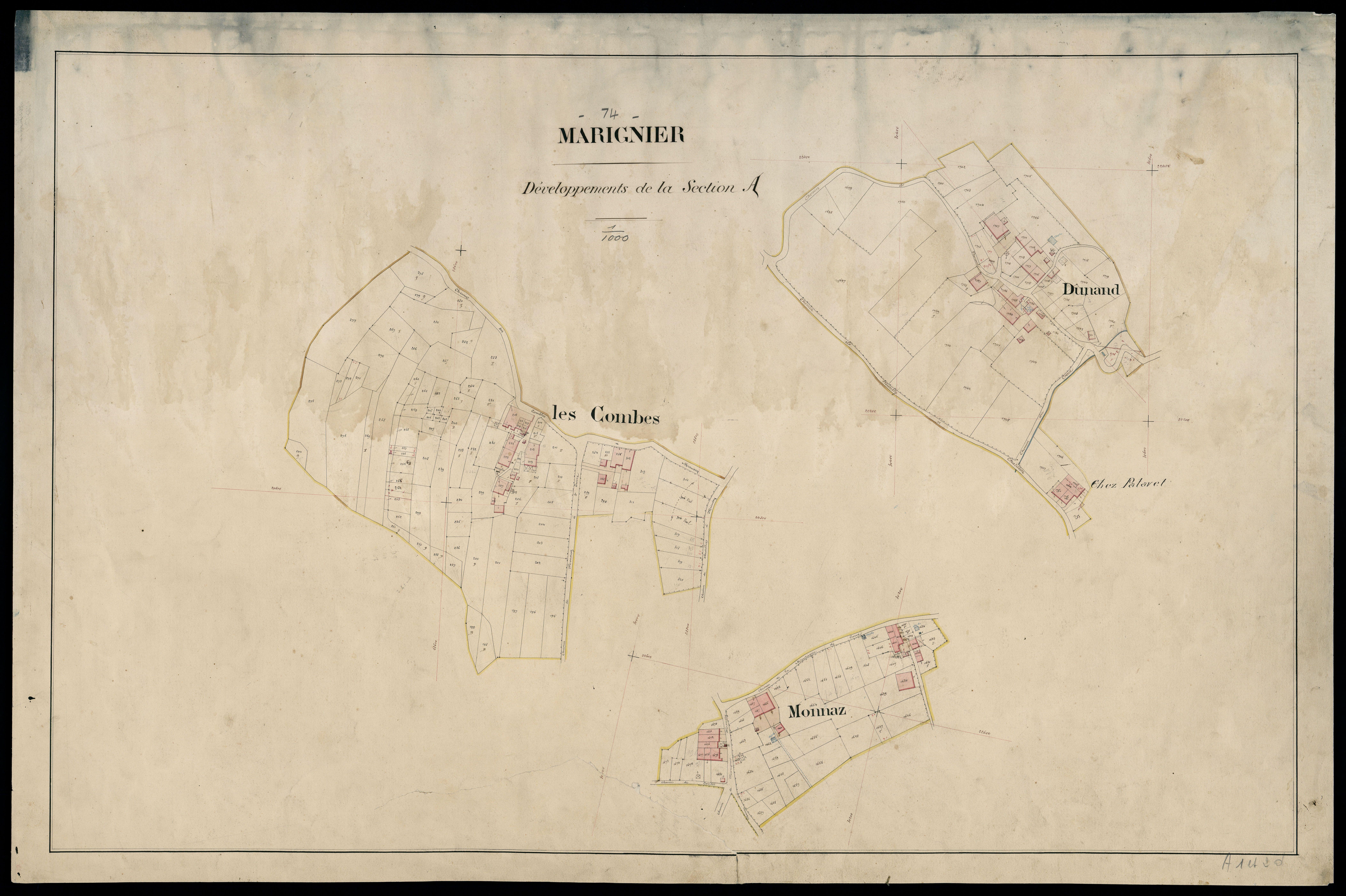 3 P 3 5660 - Développements des hameaux de "Les Combes" (1ère feuille) , "Monnaz" et "Dunand" (3ème feuille), échelle 1/1000e - 1870