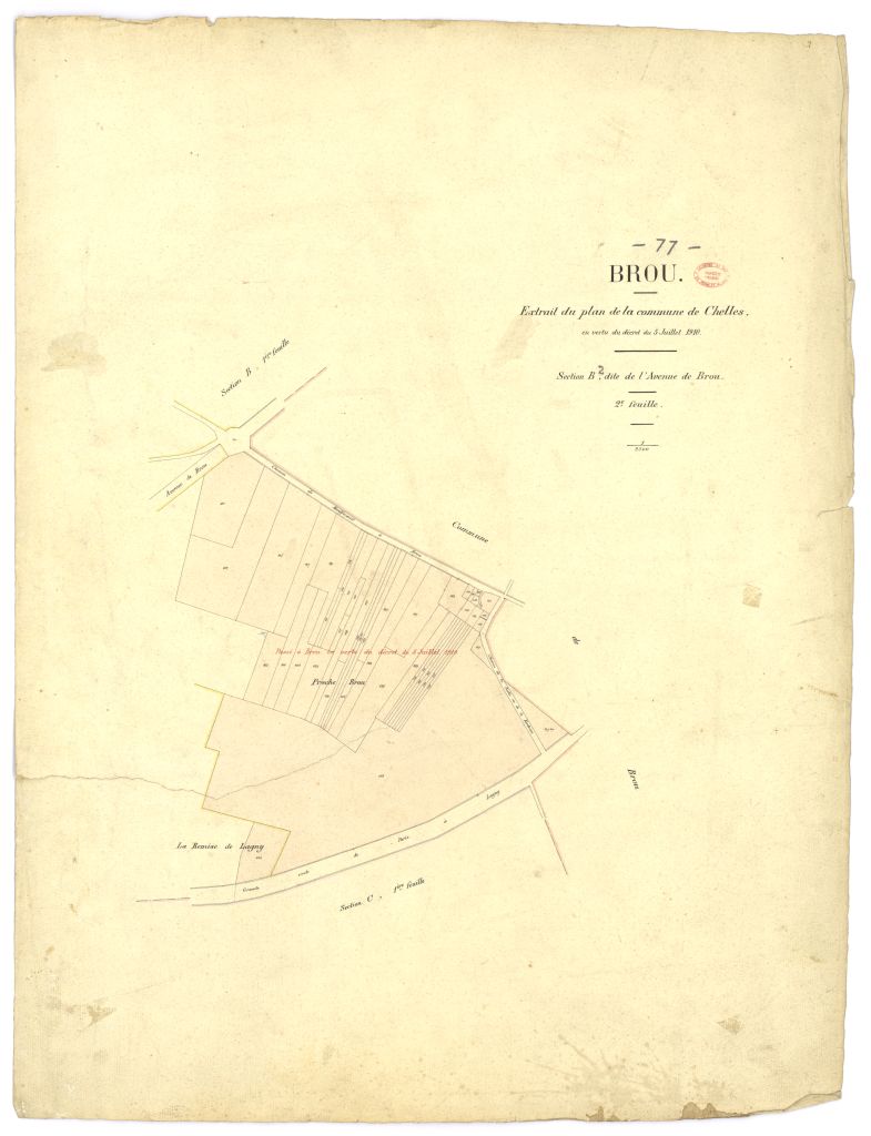 Extrait de la 2eme feuille de la section B Remarque : partie de territoire cedee a la commune de Brou en vertu du decret du 5 juillet 1910