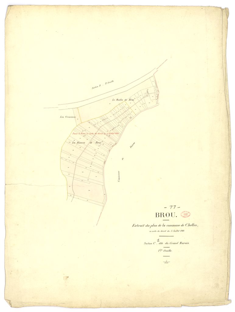 Extrait de la 1ere feuille de la section C Remarque : partie de territoire cedee a la commune de Brou en vertu du decret du 5 juillet 1910