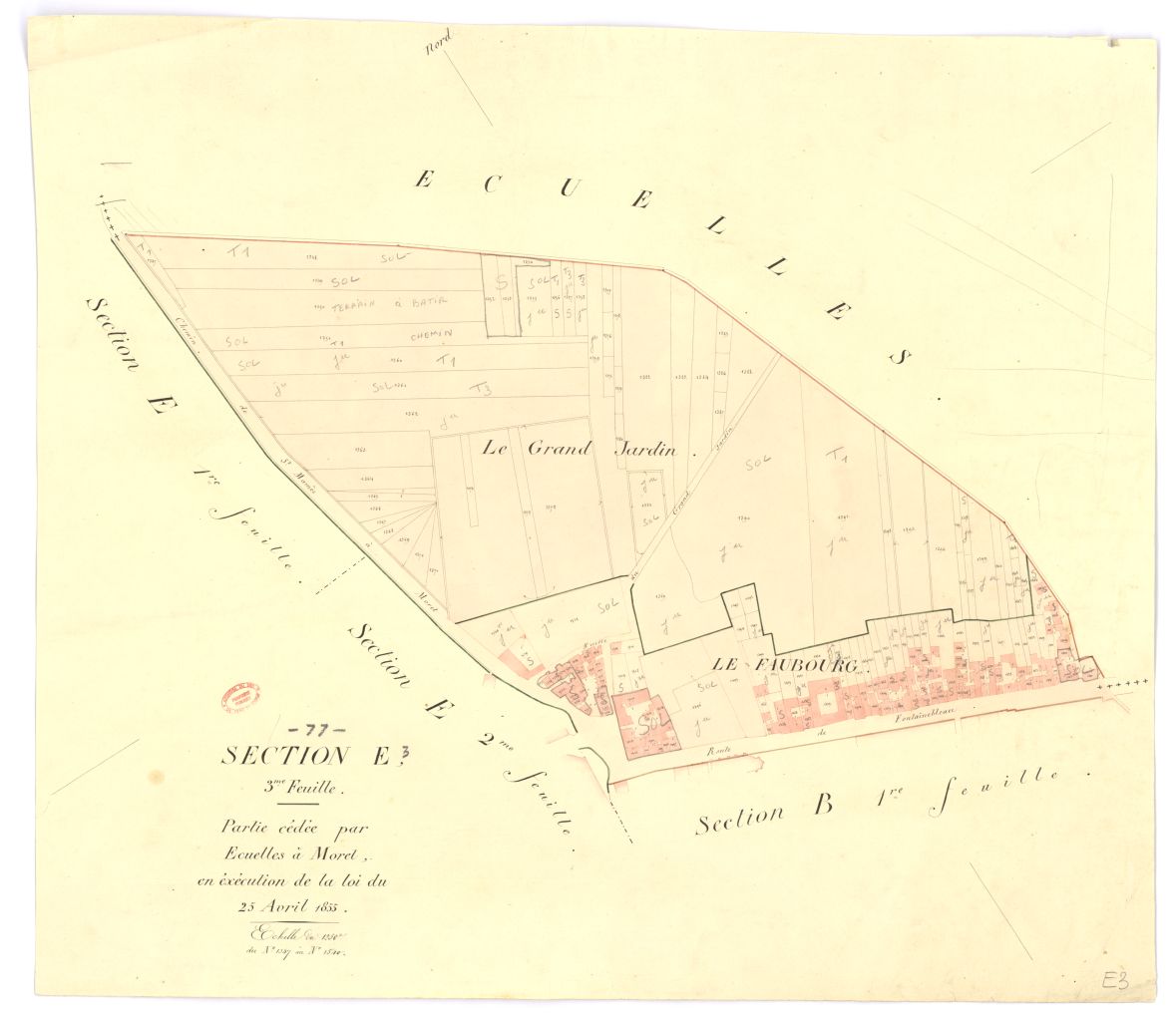 Section E dite de la Ville, en 3 feuilles, 3eme feuille Remarque : partie de territoire cedee par la commune d'Ecuelles en execution de la loi du 25 avril 1855