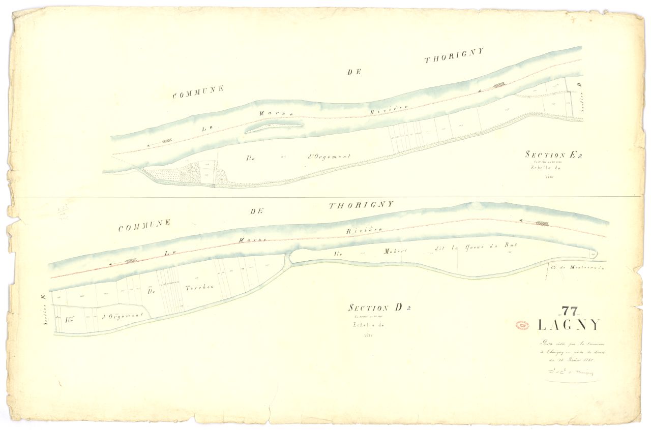 Extraits de la 2eme feuille de la section D et de la 2eme feuille de la section E Remarque : partie de territoire cedee a la commune de Lagny en vertu du decret du 14 fevrier 1880