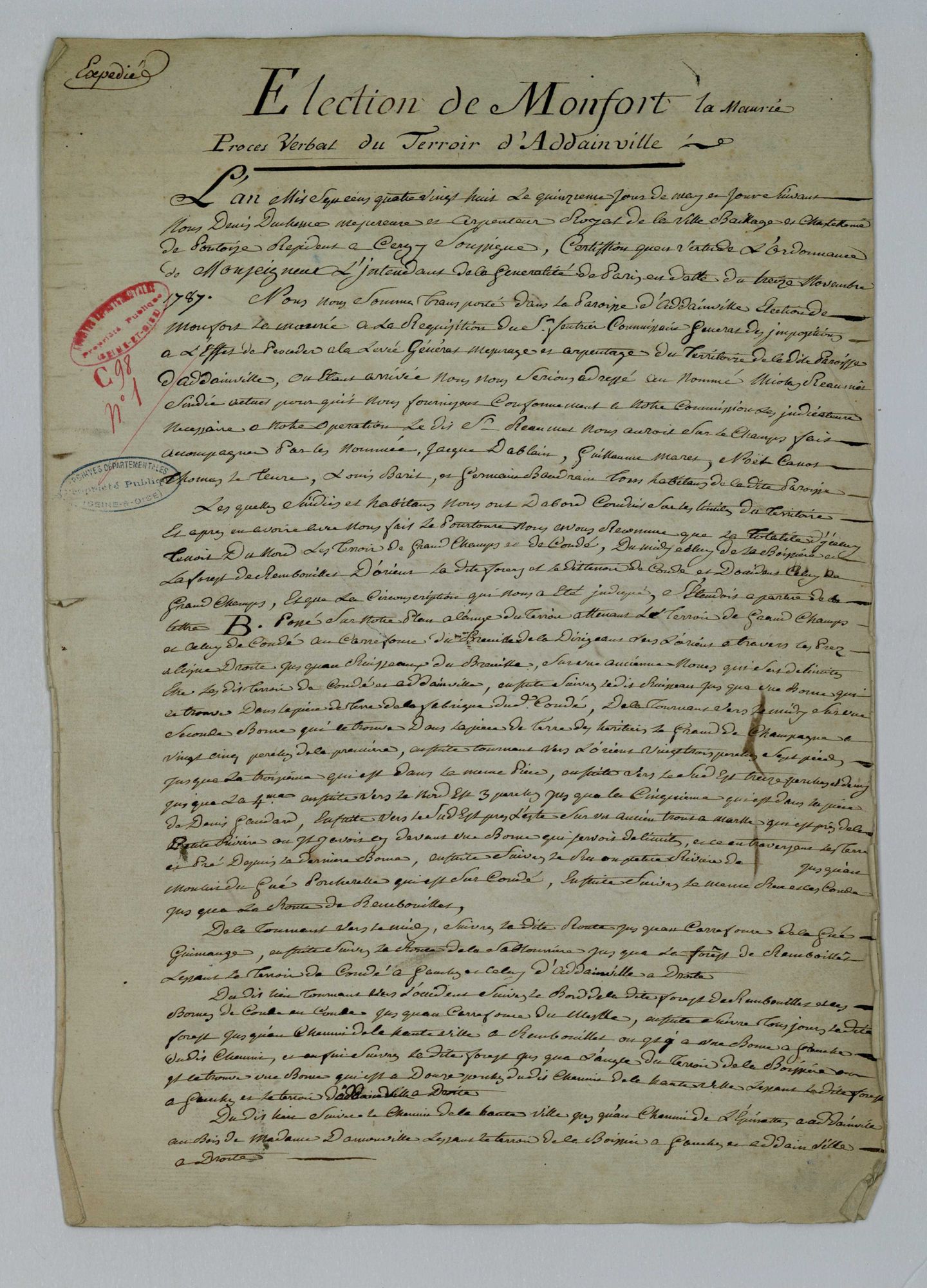 Adainville - Procès-verbal d'arpentage du territoire de la paroisse d'Adainville