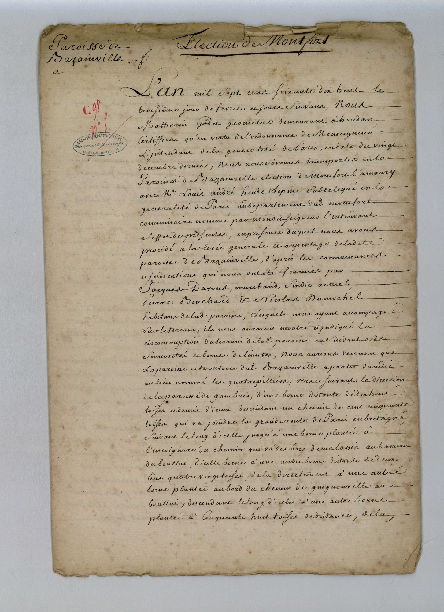 Bazainville - Procès-verbal d'arpentage du territoire de la paroisse de Bazainville