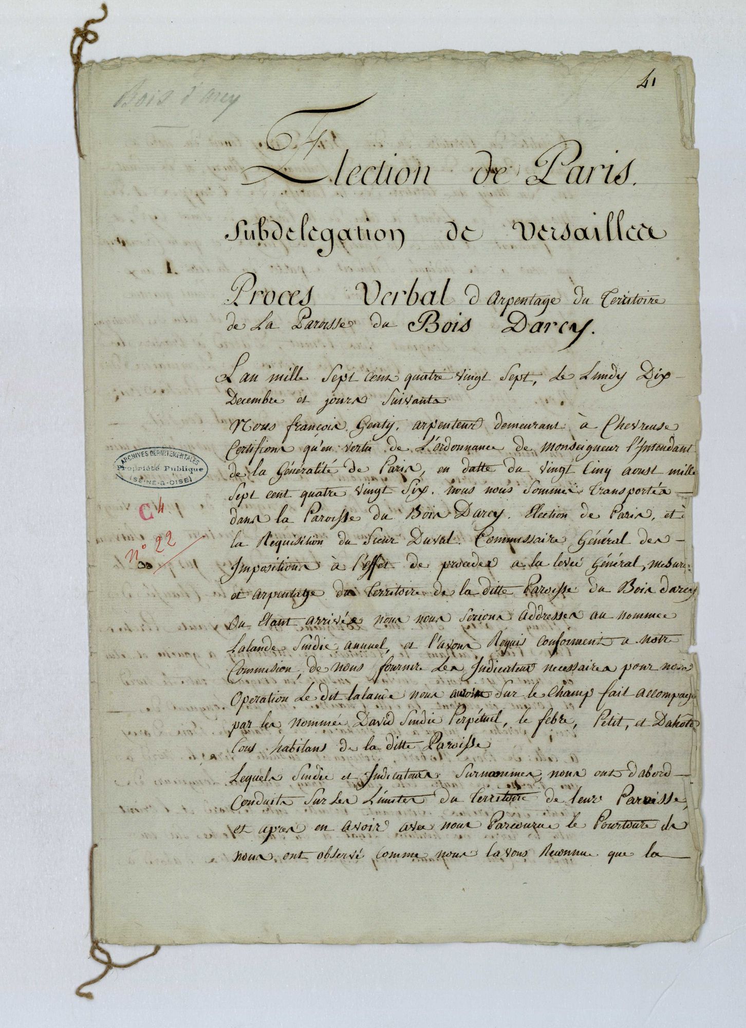 Bois-d'Arcy - Procès-verbal d'arpentage du territoire de la paroisse de Bois-d'Arcy