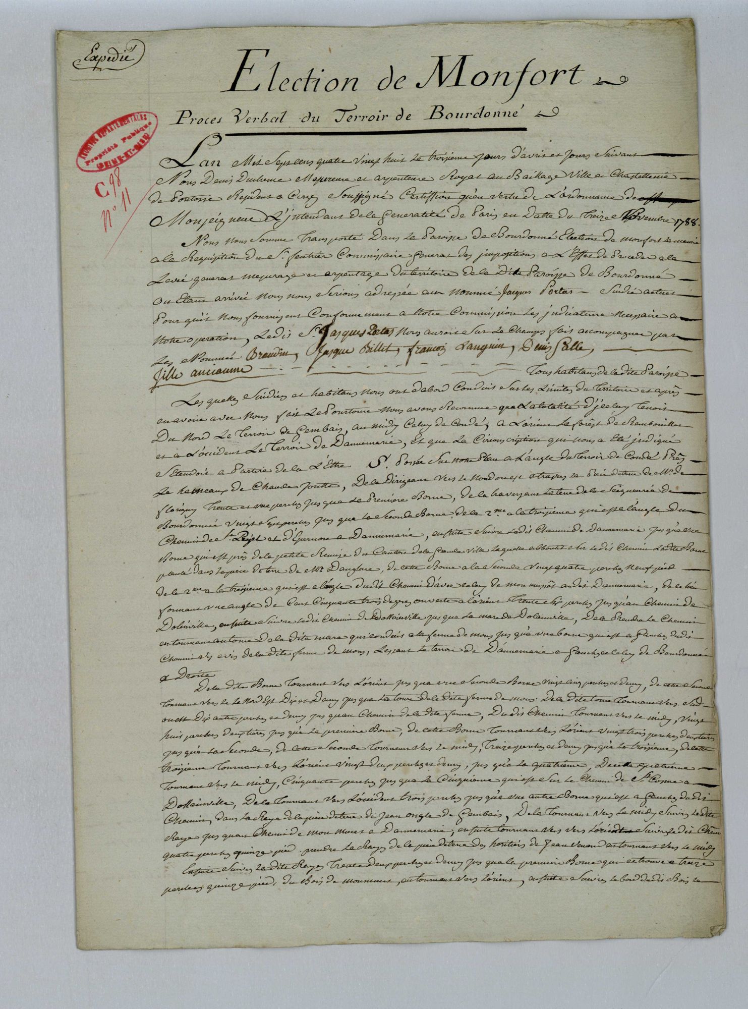 Bourdonné - Procès-verbal d'arpentage du territoire de la paroisse de Bourdonné