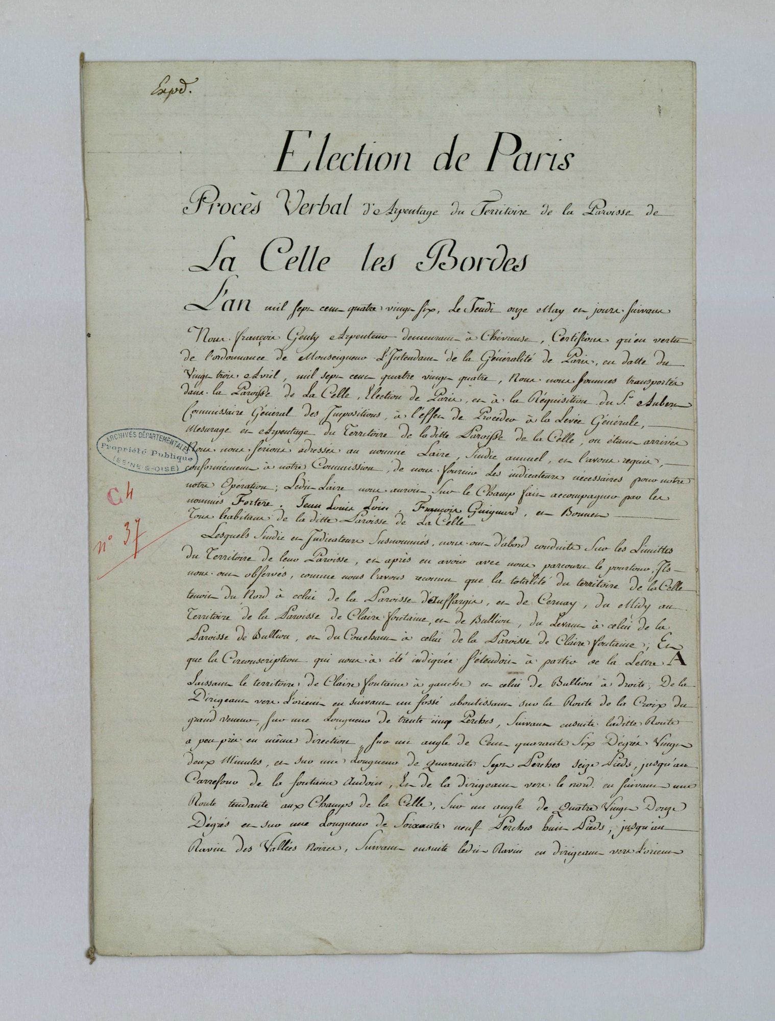 La Celle-les-Bordes - Procès-verbal d'arpentage du territoire de la paroisse de La Celle-les-Bordes