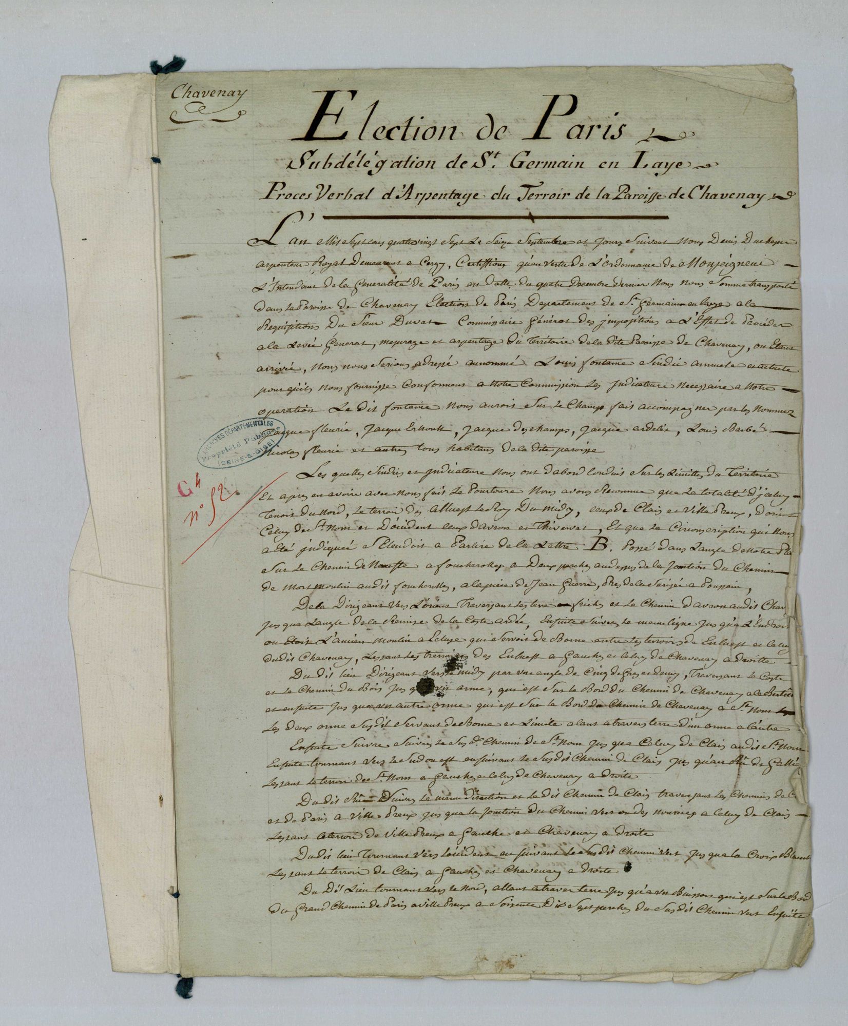 Chavenay - Procès-verbal d'arpentage du territoire de la paroisse de Chavenay