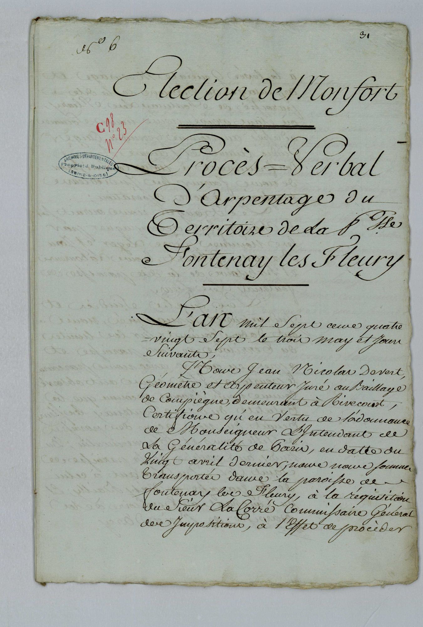 Fontenay-le-Fleury - Procès-verbal d'arpentage du territoire de la paroisse de Fontenay-le-Fleury